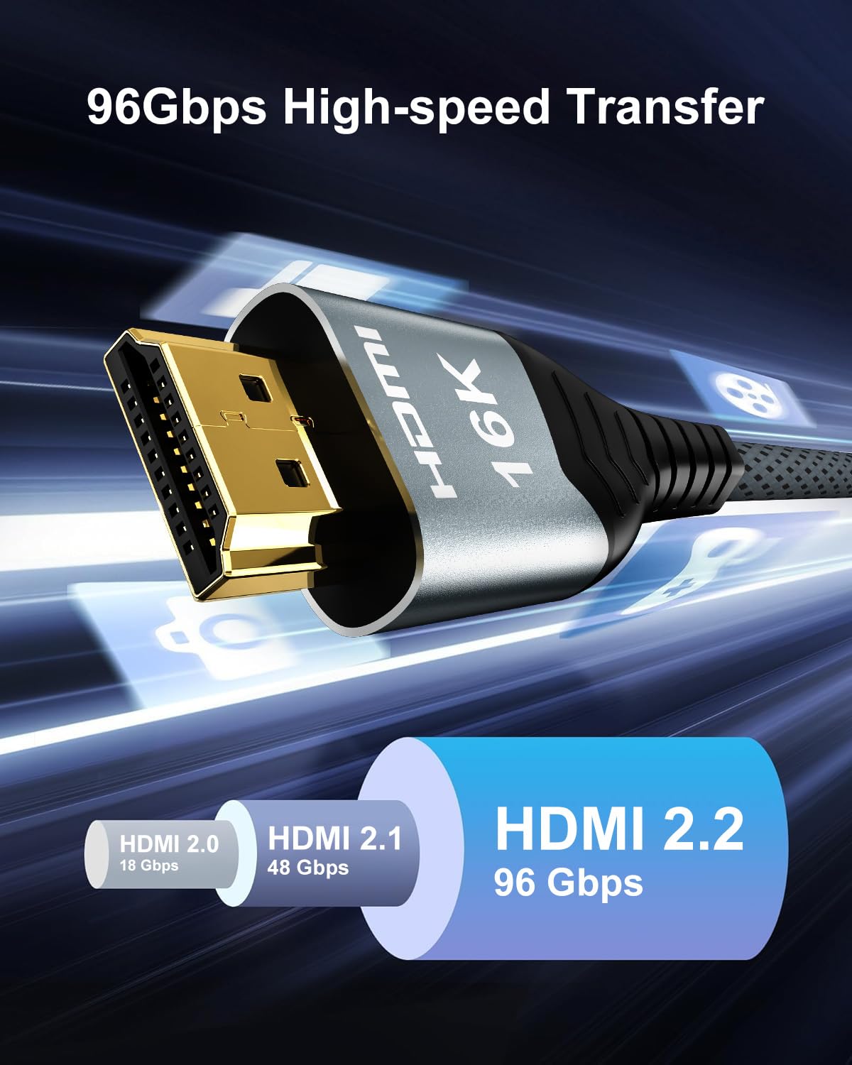 16K 10K 8K HDMI 2.2 Cable 96Gbps 1M, Ultra High Speed HDMI Braided Cord Support 4K@480Hz 8K@240Hz, HDCP 2.2&2.3, Dynamic HDR, eARC,DTS:X, Compatible with Roku TV/HDTV/PS5/Blu-ray - Image 3