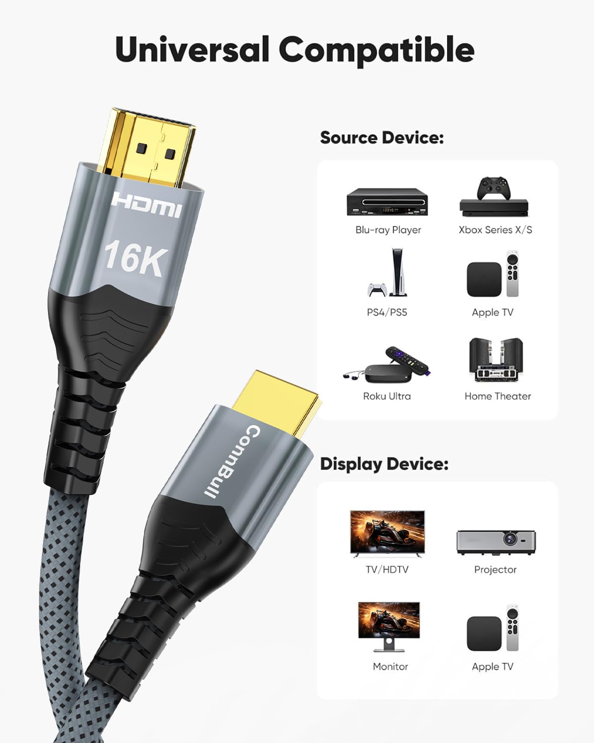 16K 10K 8K HDMI 2.2 Cable 96Gbps 1M, Ultra High Speed HDMI Braided Cord Support 4K@480Hz 8K@240Hz, HDCP 2.2&2.3, Dynamic HDR, eARC,DTS:X, Compatible with Roku TV/HDTV/PS5/Blu-ray - Image 6