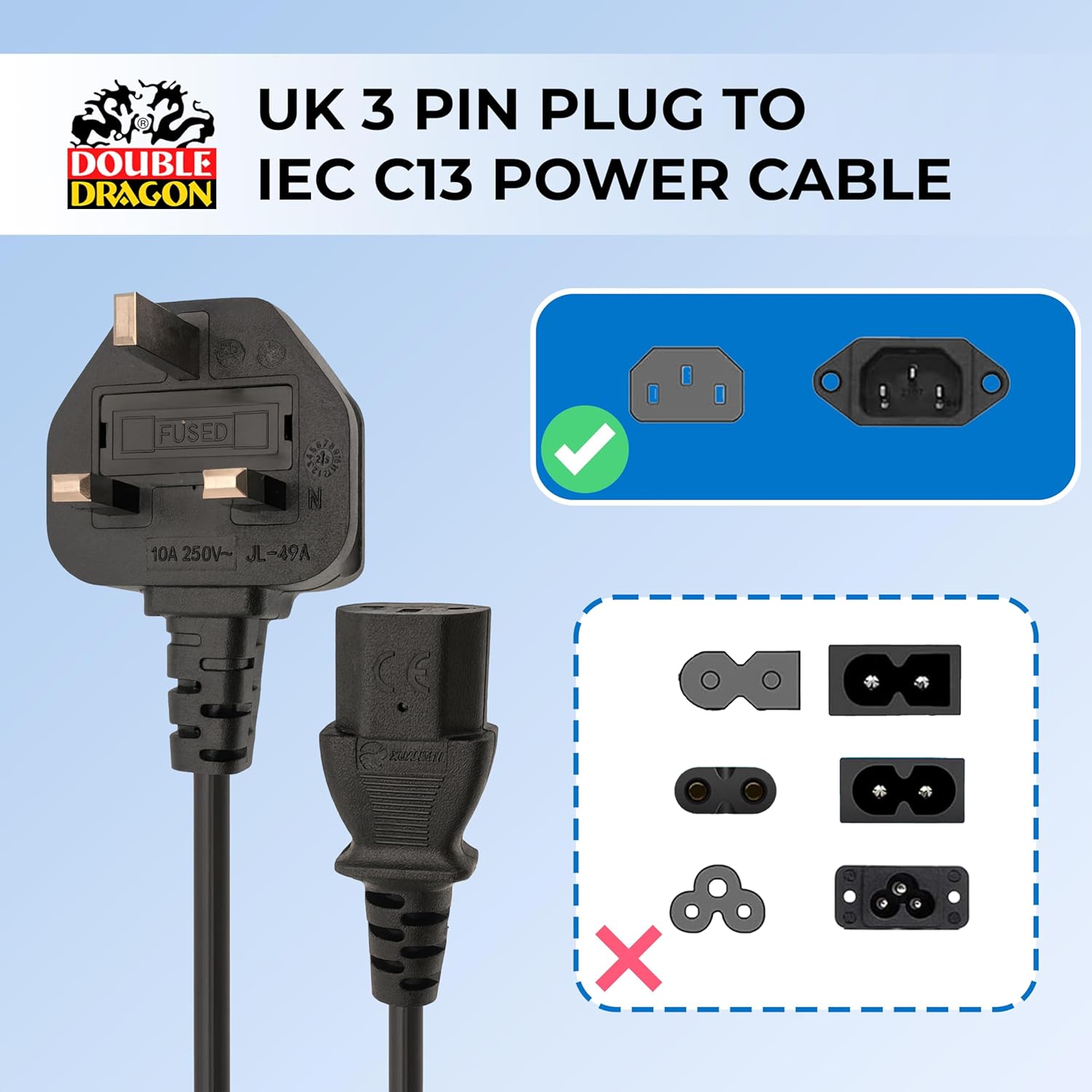 Double Dragon UK 3-Pin Plug to IEC C13 Power Cable – 1 Metre | 10A Fused BS1363 Plug | VDE Certified H05VV-F 3G 1.0mm² Copper Core | CE & BS Approved Black PVC Kettle Lead for PC, Monitor, Printer - Image 3