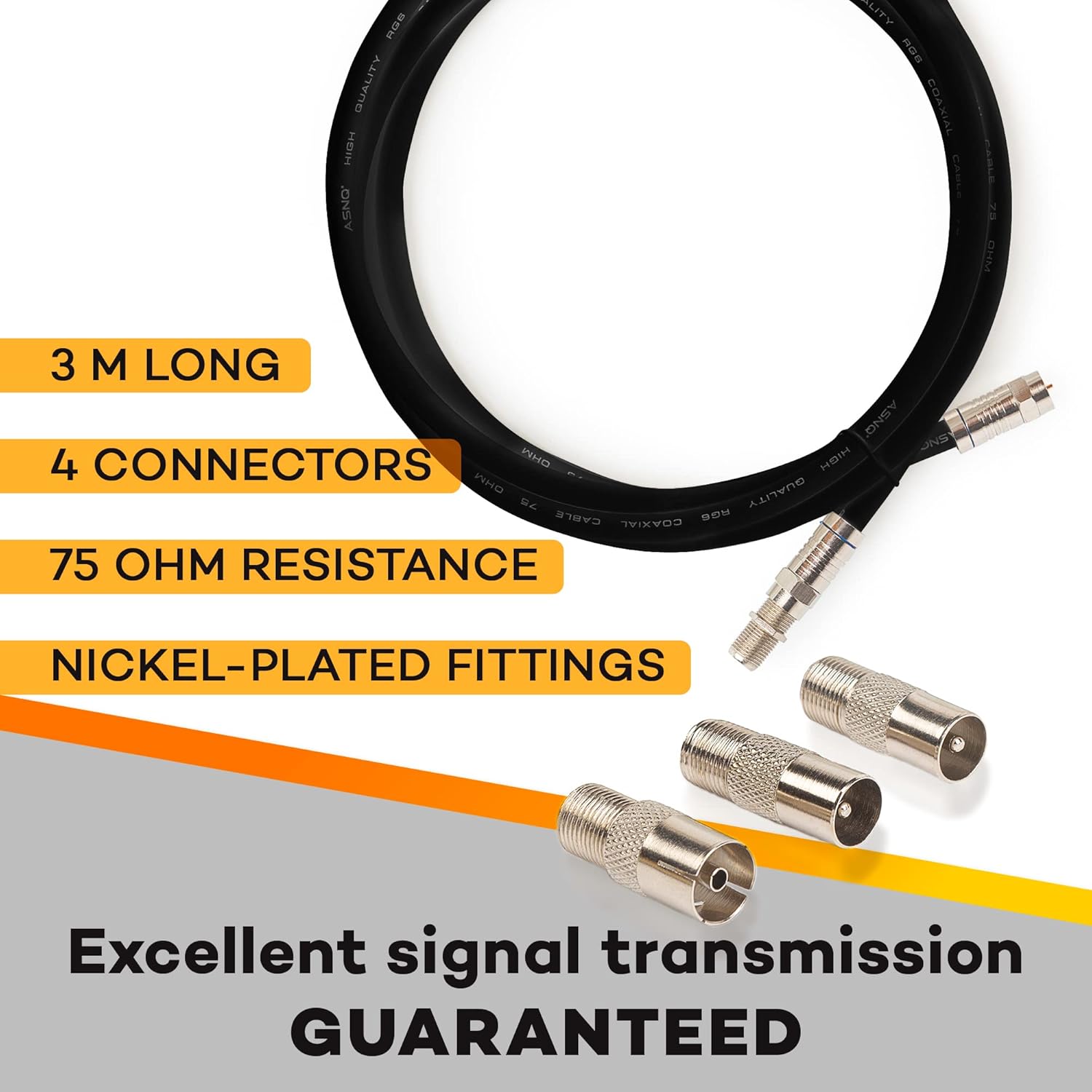 ASNQ RG6 Coaxial Cable Connectors Set 75 OHM - High-Speed Premium Coax Cable 3m - For Internet, Digital TV, Satellite, Aerial Connections - Includes 4 Extension Couplers to connect Cable Extensions - Image 3