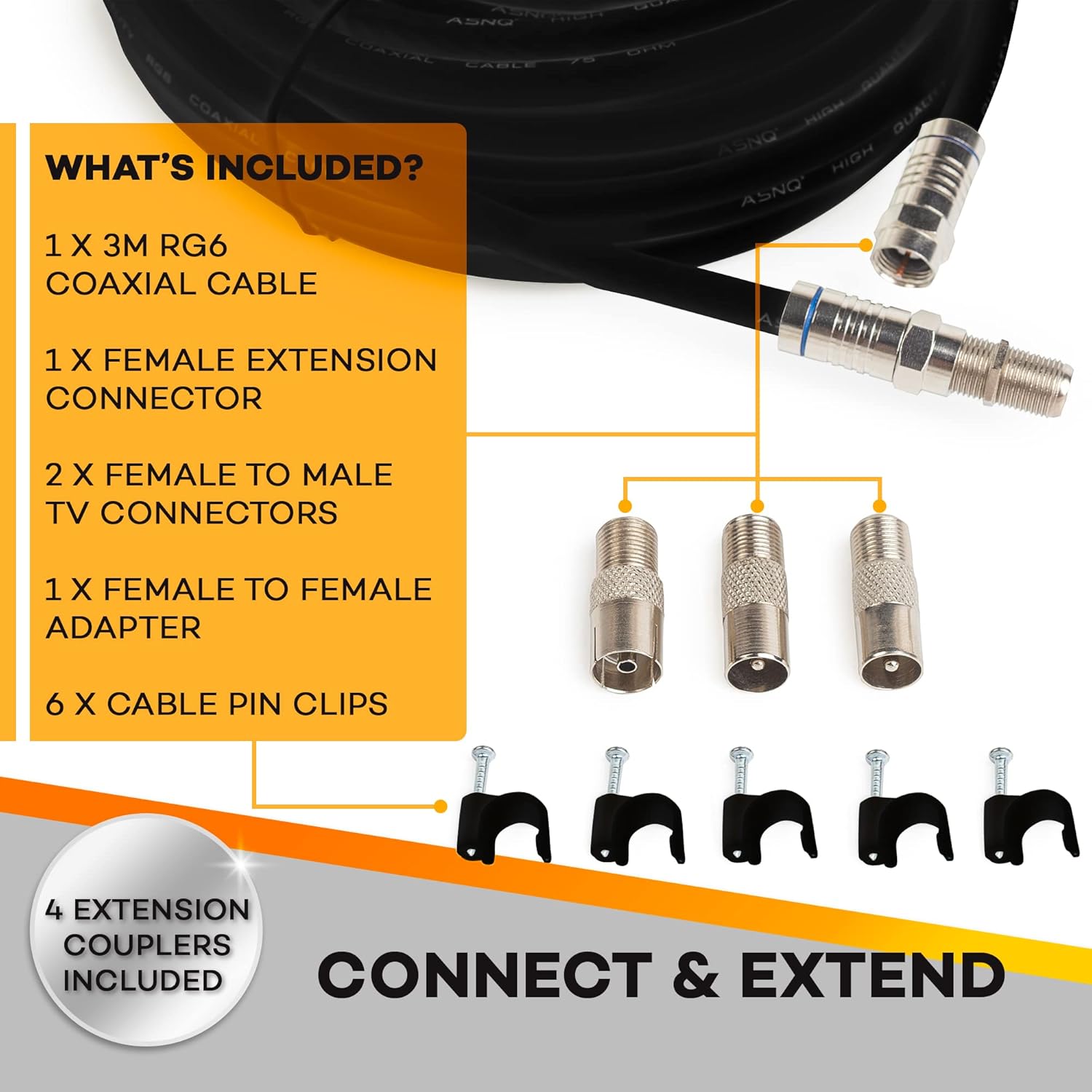ASNQ RG6 Coaxial Cable Connectors Set 75 OHM - High-Speed Premium Coax Cable 3m - For Internet, Digital TV, Satellite, Aerial Connections - Includes 4 Extension Couplers to connect Cable Extensions - Image 6