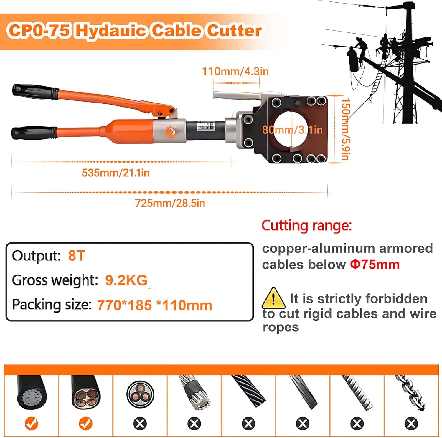 Heavy Duty Hydraulic Cable Cutters for Copper, Aluminum & Armored Cables up to 95mm - Includes Safety Valve - Image 2