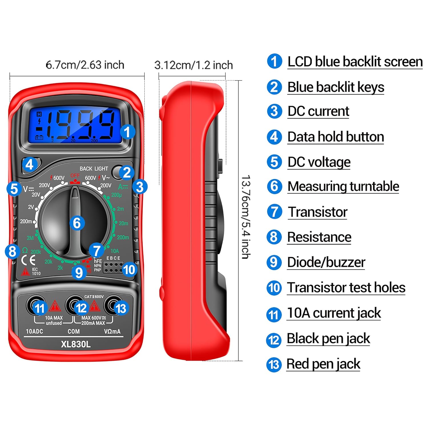 Digital Multimeter Tester - Voltmeter Ohmmeter Ammeter Multi Voltage Tester Meter with Backlit LCD Electronic Test Meter - Voltage Testers measures Voltage, Current, Resistance, Diode - Image 2