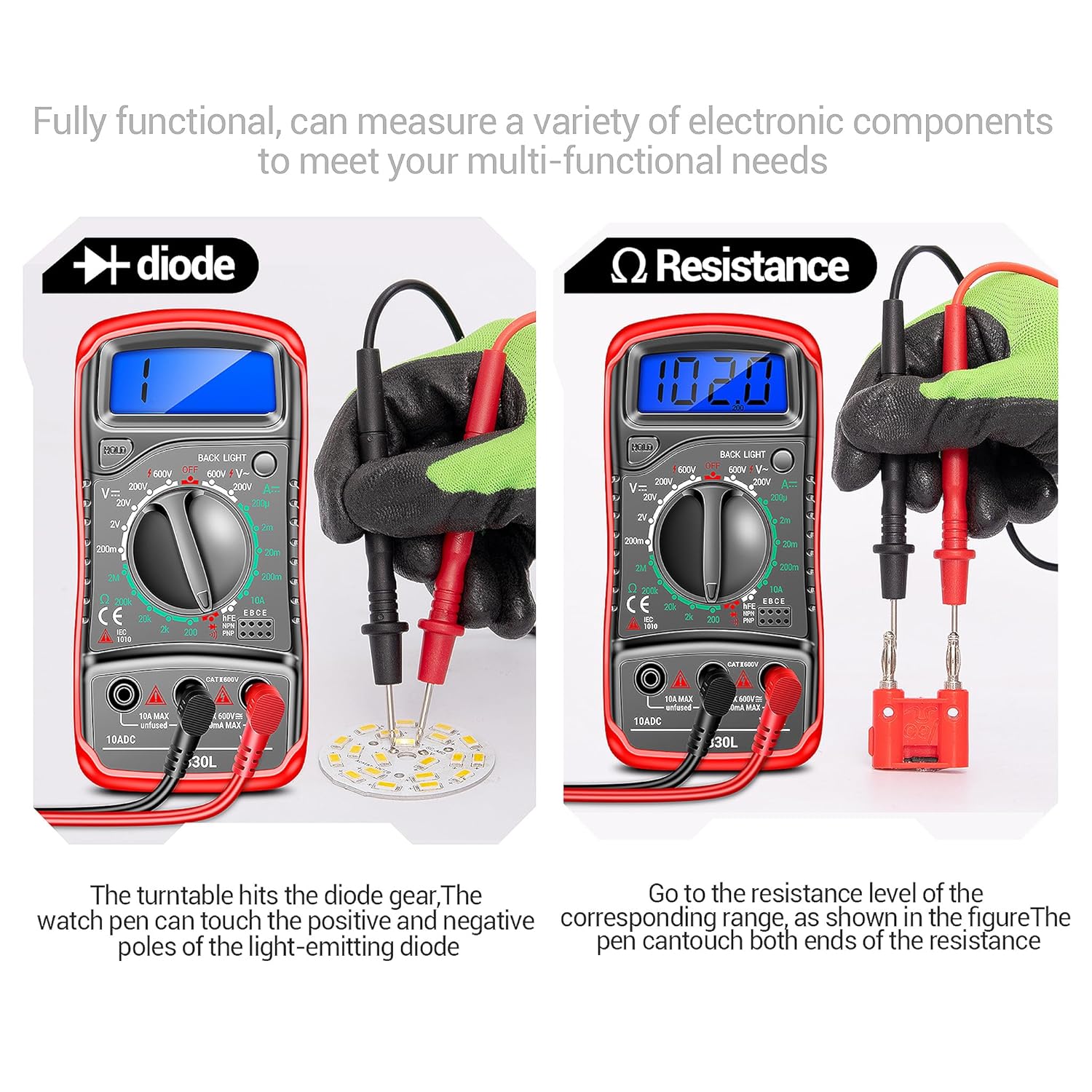 Digital Multimeter Tester - Voltmeter Ohmmeter Ammeter Multi Voltage Tester Meter with Backlit LCD Electronic Test Meter - Voltage Testers measures Voltage, Current, Resistance, Diode - Image 4