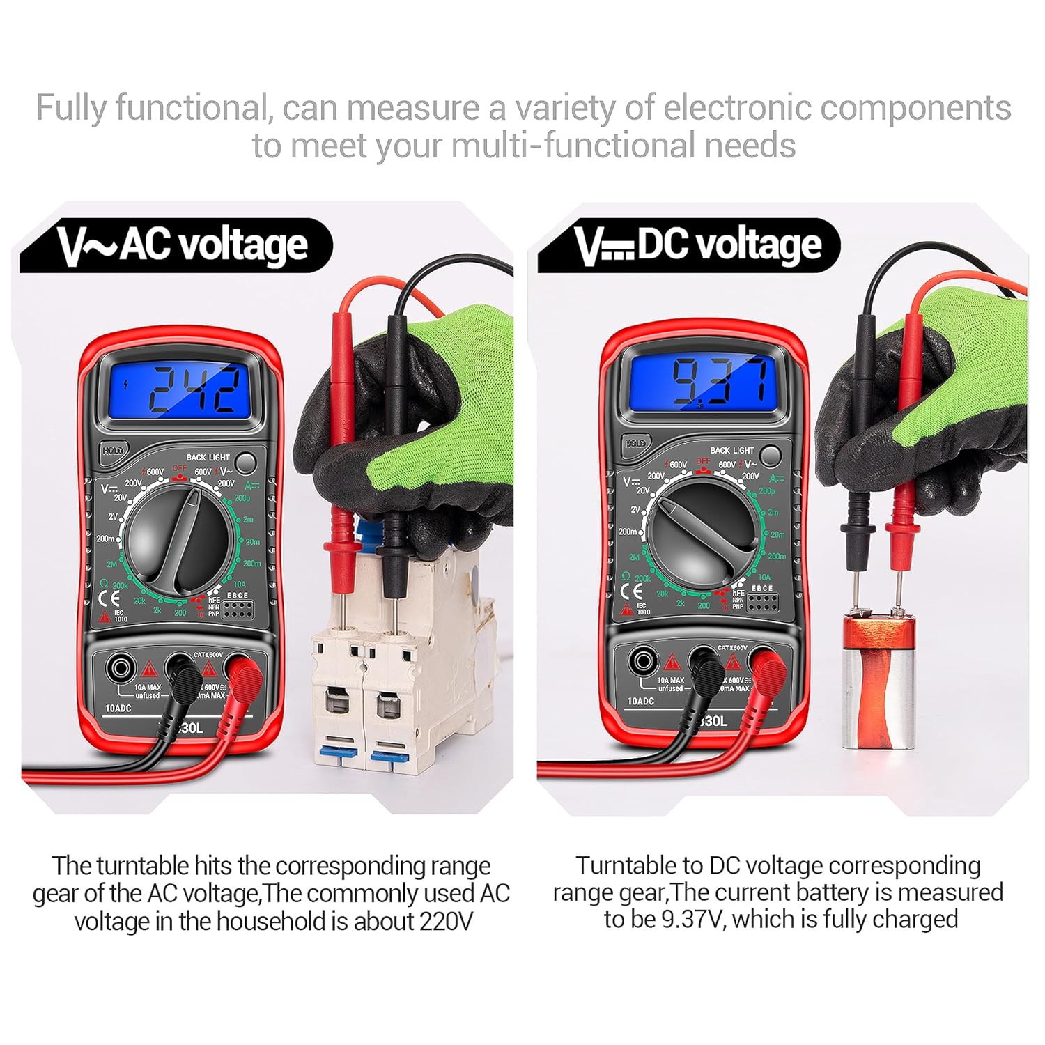 Digital Multimeter Tester - Voltmeter Ohmmeter Ammeter Multi Voltage Tester Meter with Backlit LCD Electronic Test Meter - Voltage Testers measures Voltage, Current, Resistance, Diode - Image 3