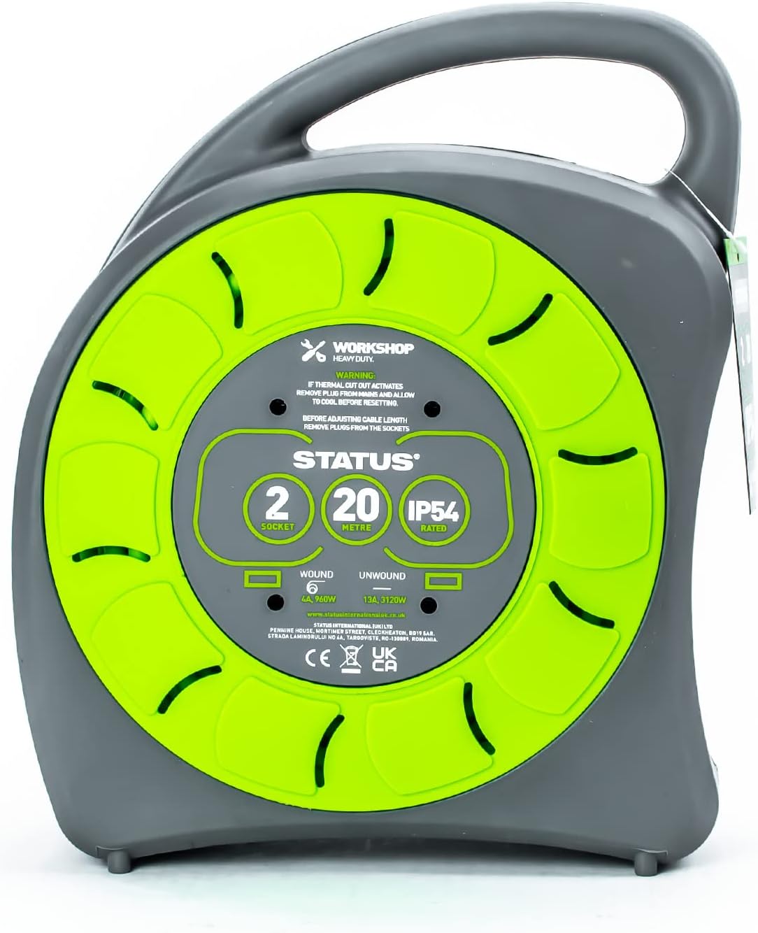 STATUS 2 Socket Cable Reel, 20m, Green, Heavy Duty Outdoor Extension Lead, 13 Amp, Thermal Cut Out, Waterproof, IP54 Rated, Ideal for Garden, Workshop, DIY Use (S20M2G13AIP54CR2) - Image 4