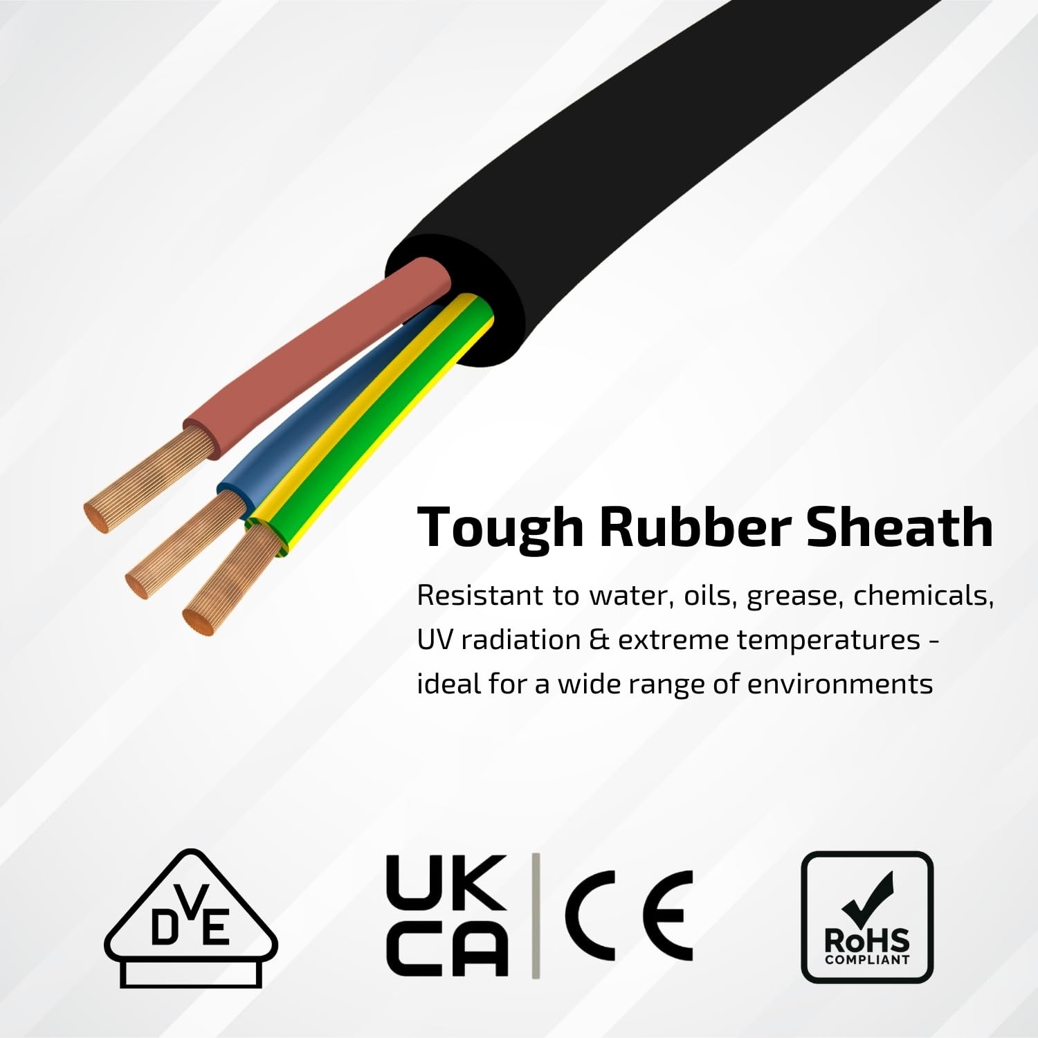 Flexible Rubber Power Cable, 3 Core, 1.0mm², H05RN-F 3G1.0, Indoor & Outdoor Use - Various Lengths (5m) - Image 3