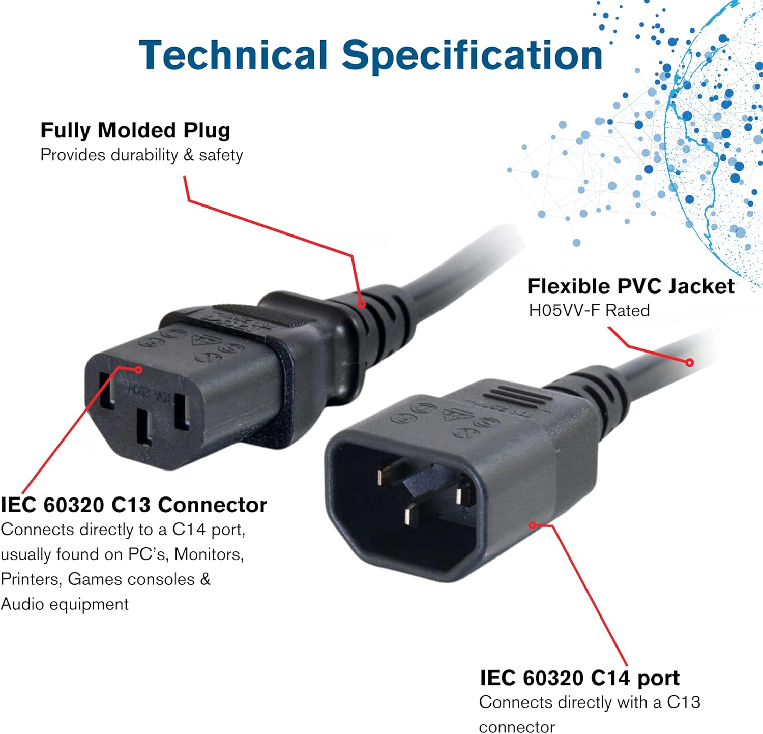 C2G 88504 3 Metre 16 AWG Computer Extension Cord (IEC320C13 to IEC320C14) 9 Foot Kettle Lead/Power Cable, black - Image 3