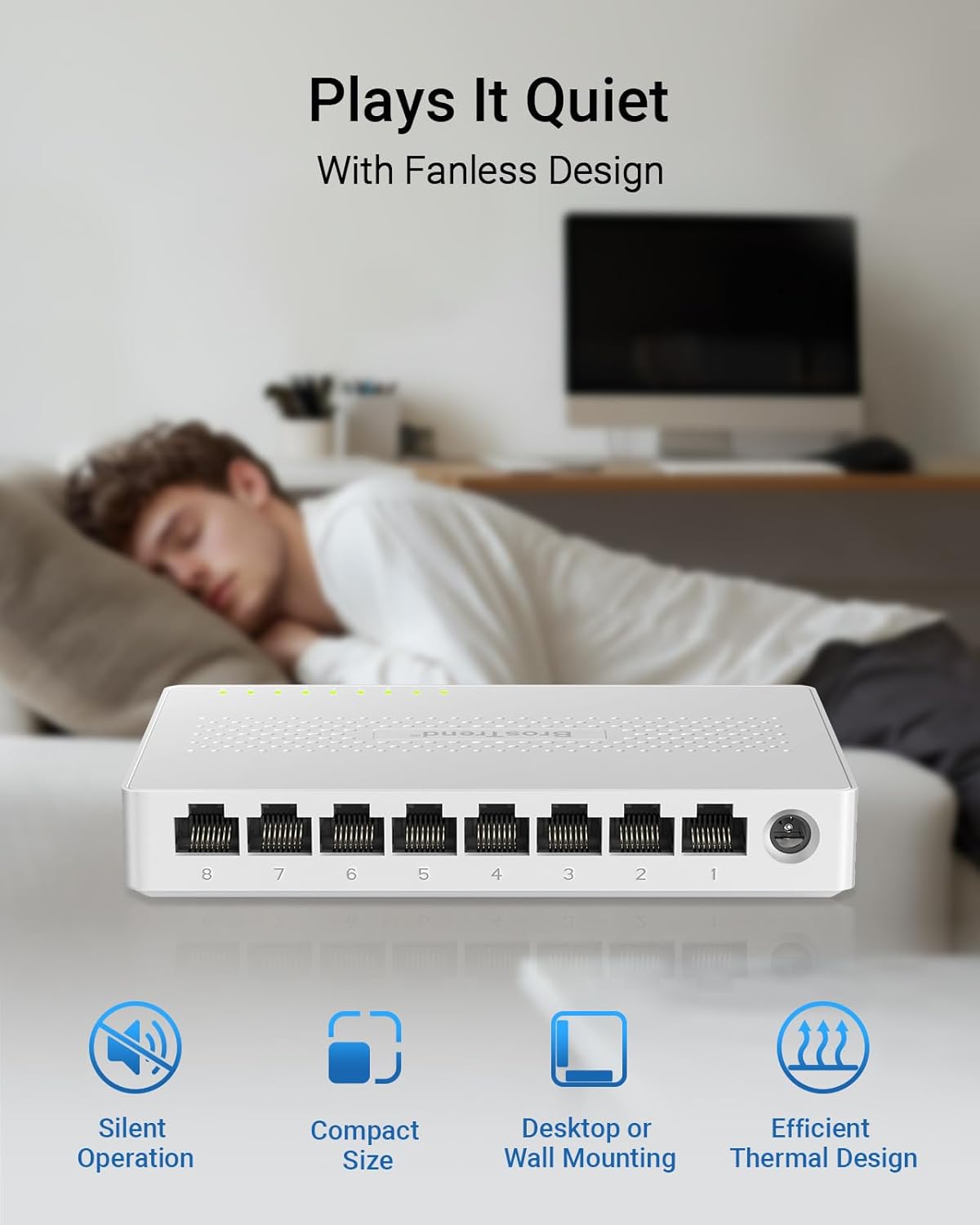 BrosTrend 8 Port 2.5Gb Ethernet Switch, Multi-Gigabit Unmanaged Network Switch for Gaming Office Home NAS PC, 2.5G Ethernet Splitter Hub Plug & Play, Fanless, Desktop Wall-Mount, Lifetime Protection - Image 6