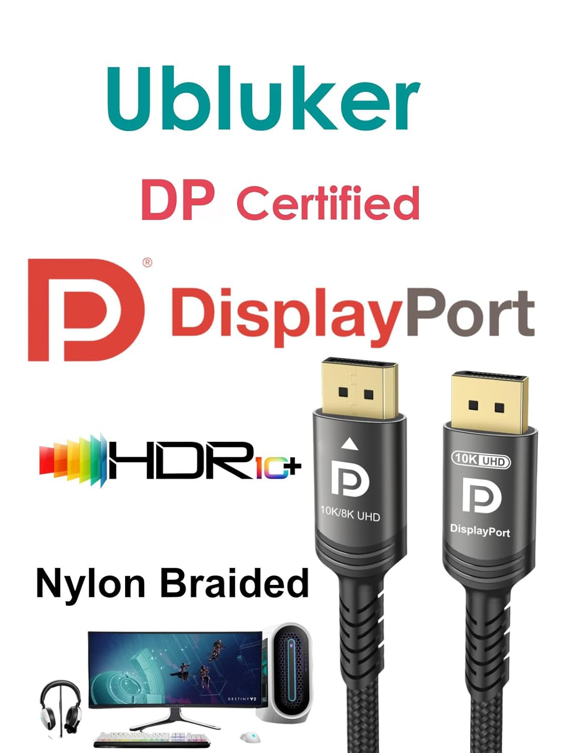 10K 8K DisplayPort 2.1 Cable 54Gbps 2M, Certified DP to DP Cord 4K 240Hz 165Hz 144Hz 120Hz 10K 8K 120Hz Nylon Braided UHBR HDCP2.3 FreeSync G-Sync RTX5090 Gaming Monitor PC Projector - Image 2