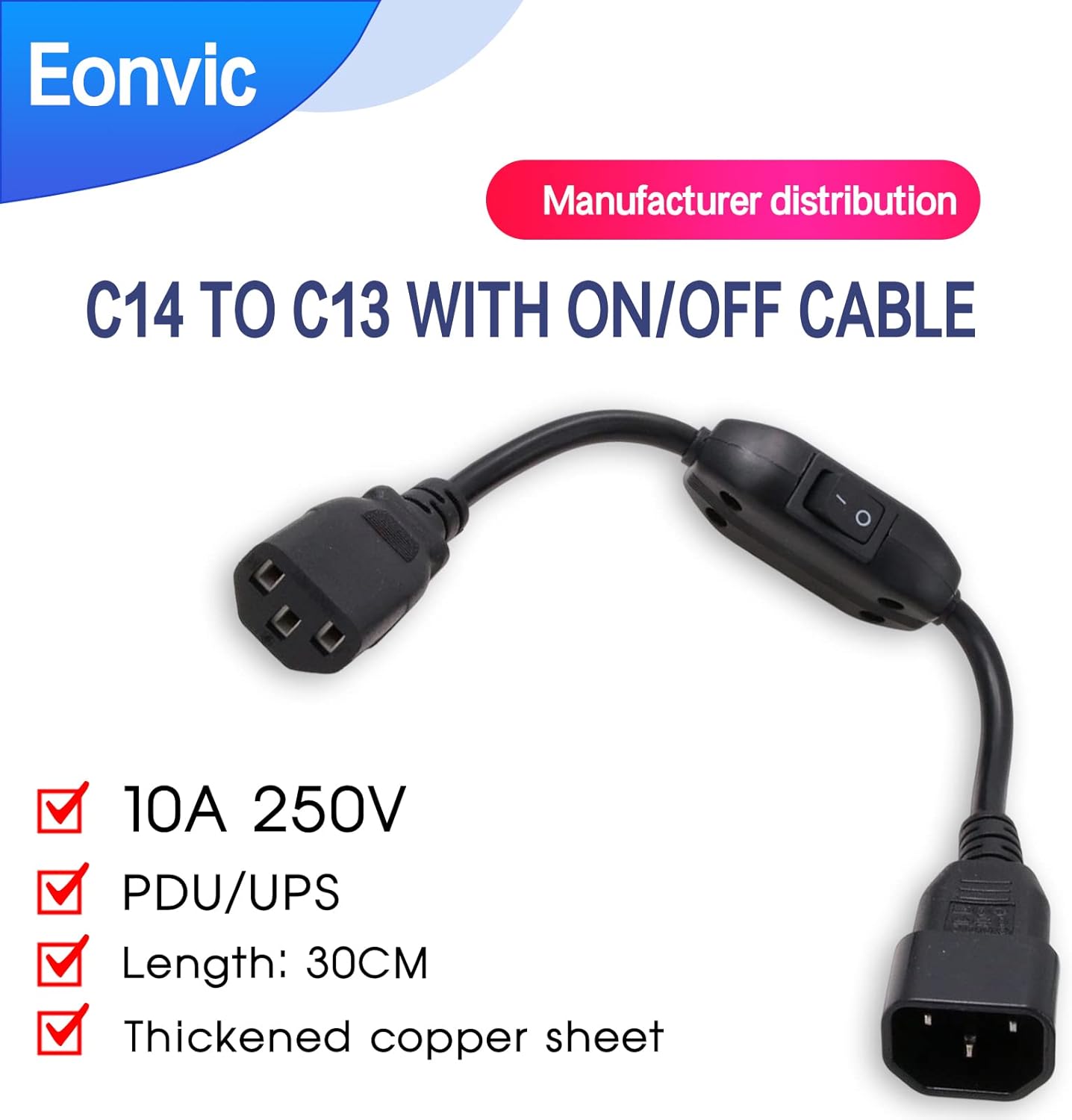 Eonvic PDU UPS Power Cord Cable, IEC 320 C14 to C13 with On/Off Switch 30cm - Image 2