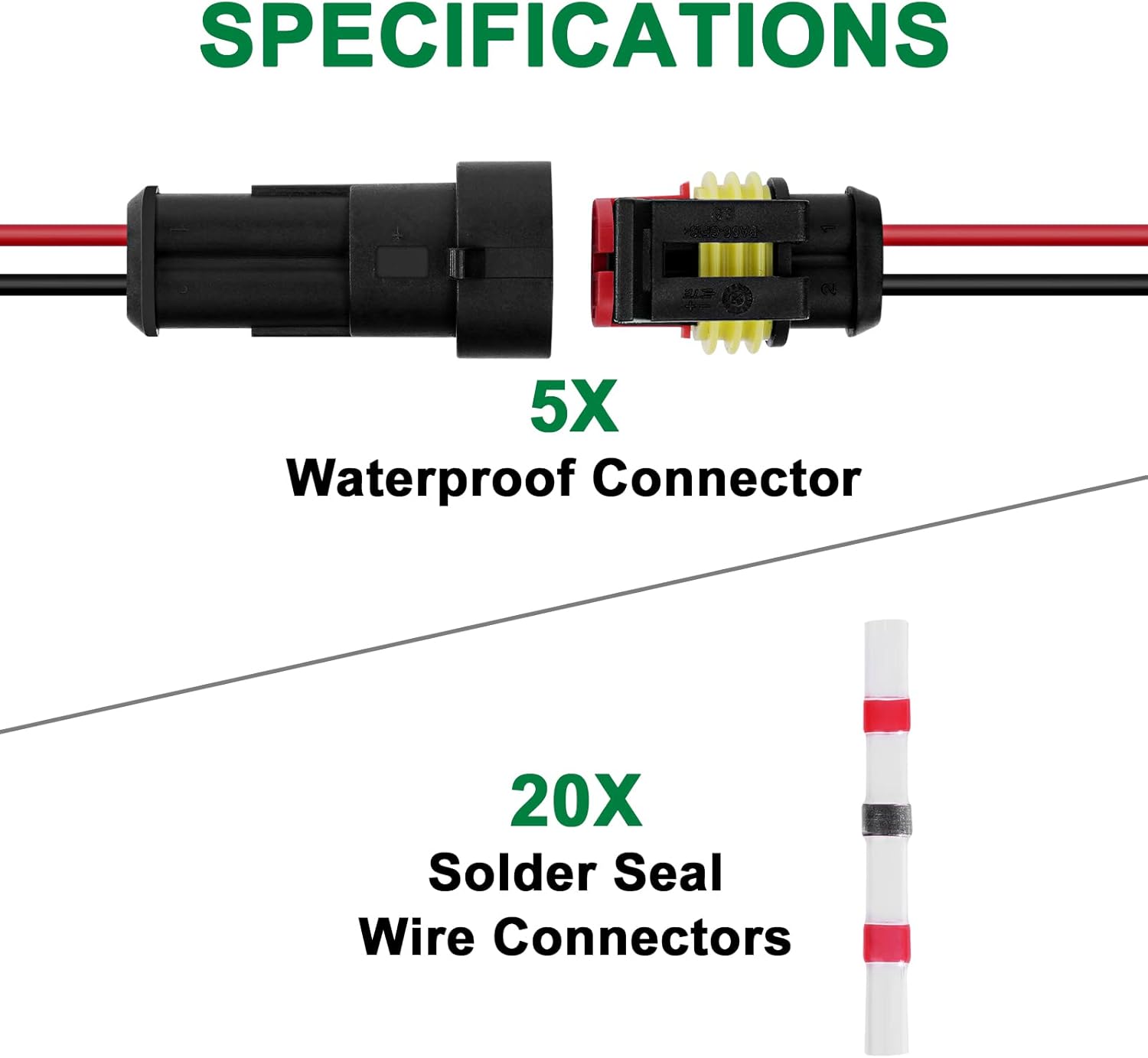URAQT Car Waterproof Electrical Connector, 5 Pcs 2 Pin Car Wire Connector, Waterproof Connector with 16 AWG Wire and 20 Solder Terminals, For Car, Truck, Boat and Other Wire Connections - Image 2