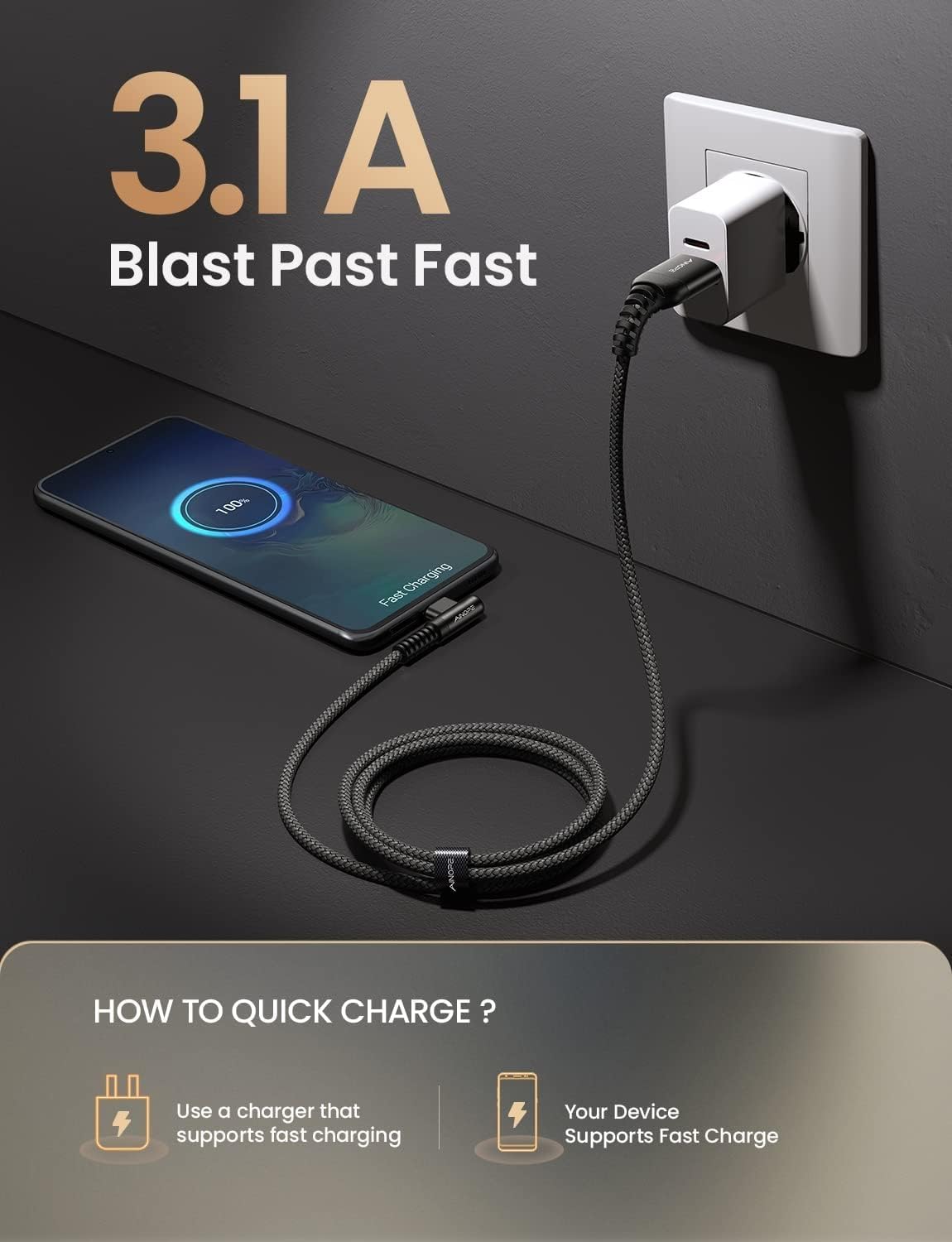 AINOPE USB C Charging Cable (3-Pack, 3.3ft/6.6ft/10ft) 3.1A Fast Charging Right Angle USB Type C Cable, Durable Nylon Braided USB C Cord Compatible Galaxy S21 S20 S10 Plus, Note 20 10 9, LG V20,G6 - Image 3