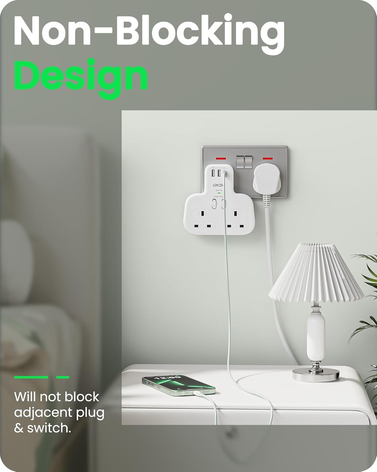 LENCENT Double Plug Adaptor with 1 USB C and 2 USB Ports, Surge Protected Multi Plug Extension Socket, 2 Way Wall Plug Extender for Household Appliances, iPhone, Smartphones, Tablets, 13A 3250W - Image 5