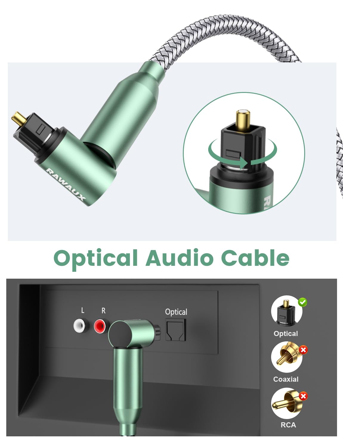 1M Optical Cable, 90 Degree Audio Right Angle Digital SPDIF Cable Gold-plated Plug Fiber Optic Compatible with Soundbar to TV, Home Theater, PS4, Xbox, Playstation, Green - Image 2