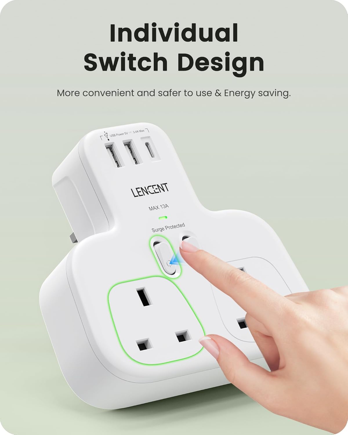 LENCENT Double Plug Adaptor with 1 USB C and 2 USB Ports, Surge Protected Multi Plug Extension Socket, 2 Way Wall Plug Extender for Household Appliances, iPhone, Smartphones, Tablets, 13A 3250W - Image 7