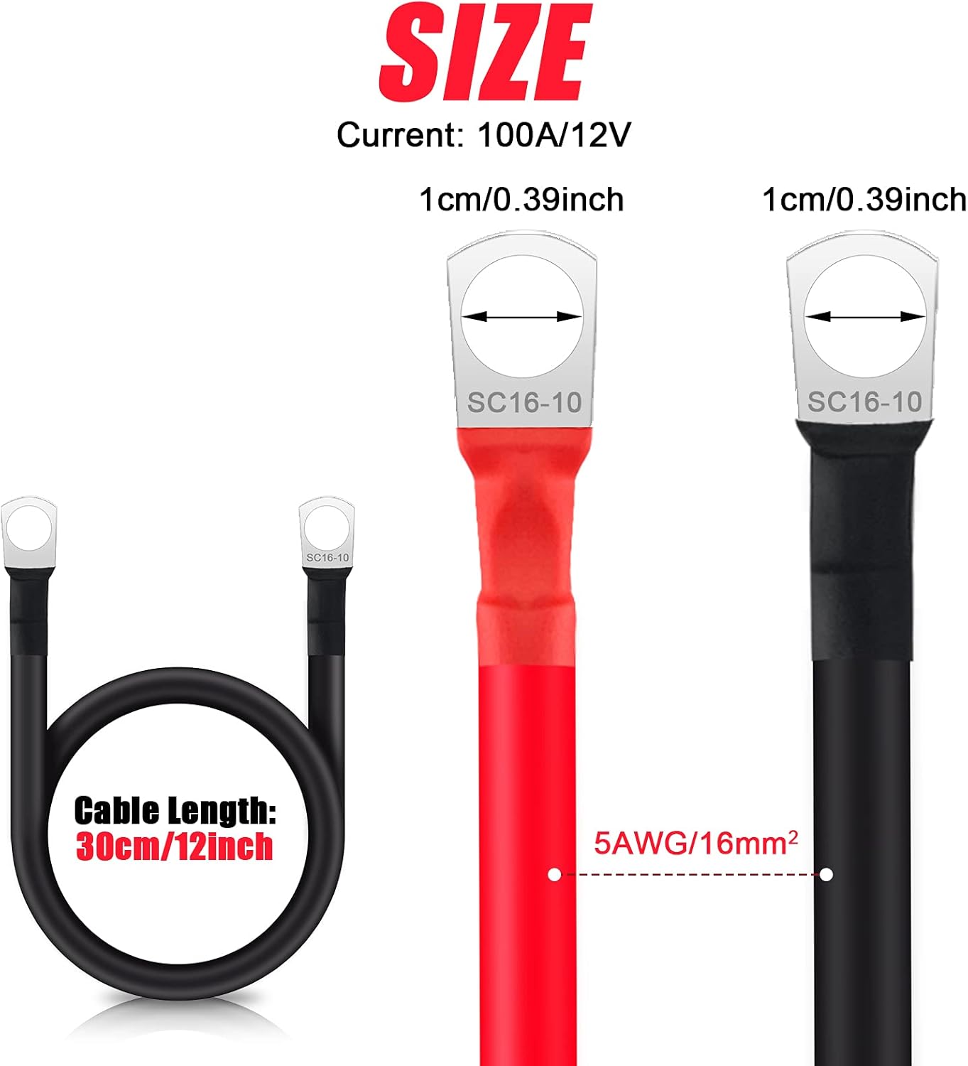 2Pcs 30cm Battery Inverter Cable 5AWG/16mm² 12v Battery Cable Red and Black Auto Battery Leads with SC16-10 Ring Terminals Copper Flexible Wire for Motorcycle, Solar RV & Marine - Image 4