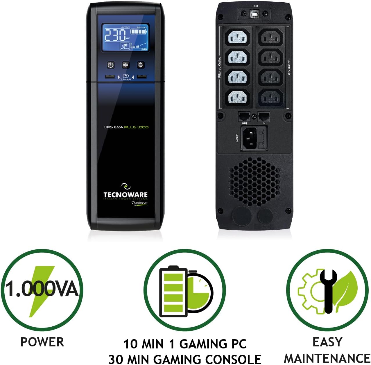 Tecnoware Power Systems Exa Plus 1000VA Uninterruptible Power Supply, Blackout Protection for MAC, Gaming PCs & Consoles, AVR Stabilizer, USB & RJ11/RJ45 Ports, 1000VA - Image 2