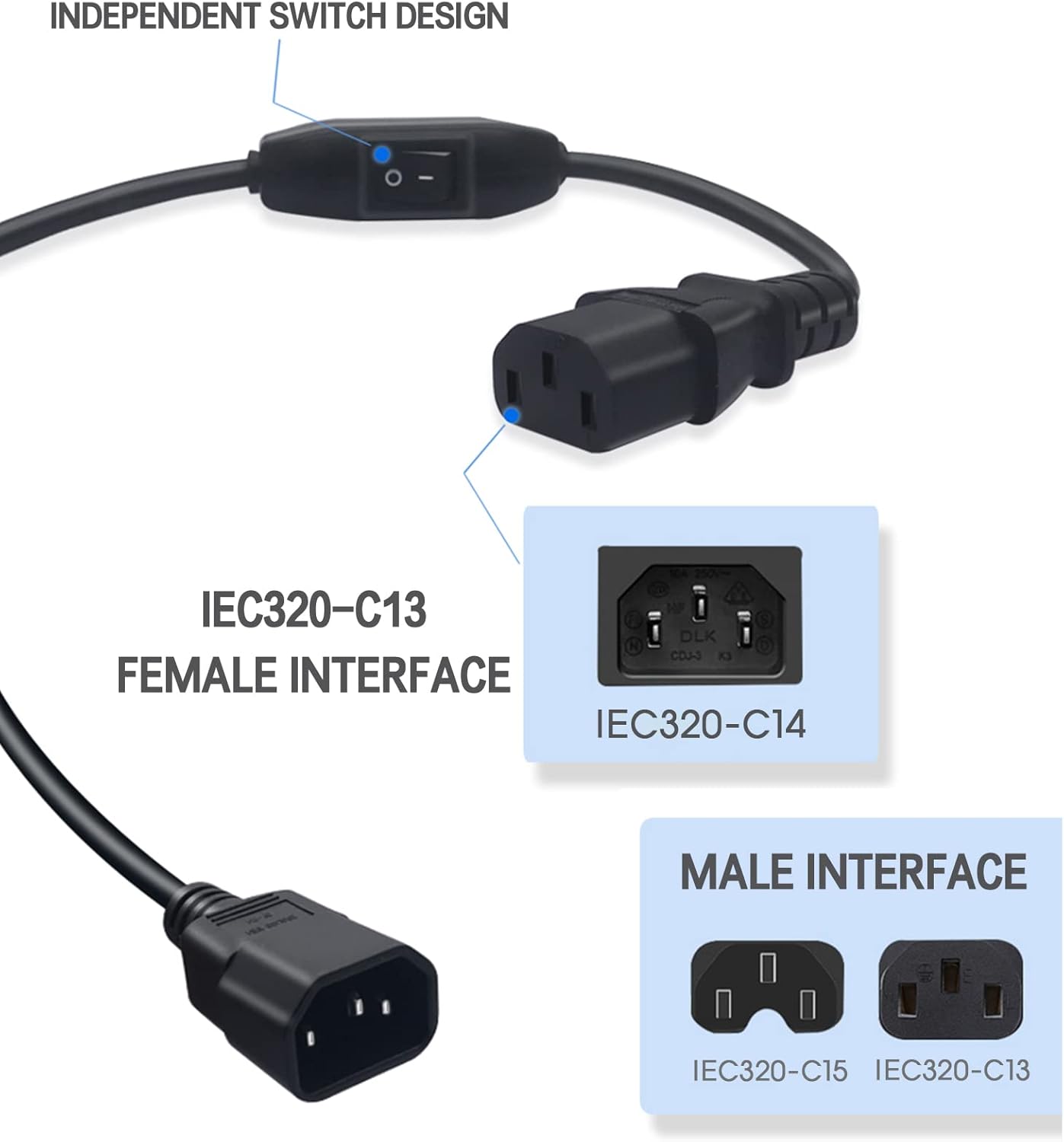 Eonvic PDU UPS Power Cord Cable, IEC 320 C14 to C13 with On/Off Switch 30cm - Image 3