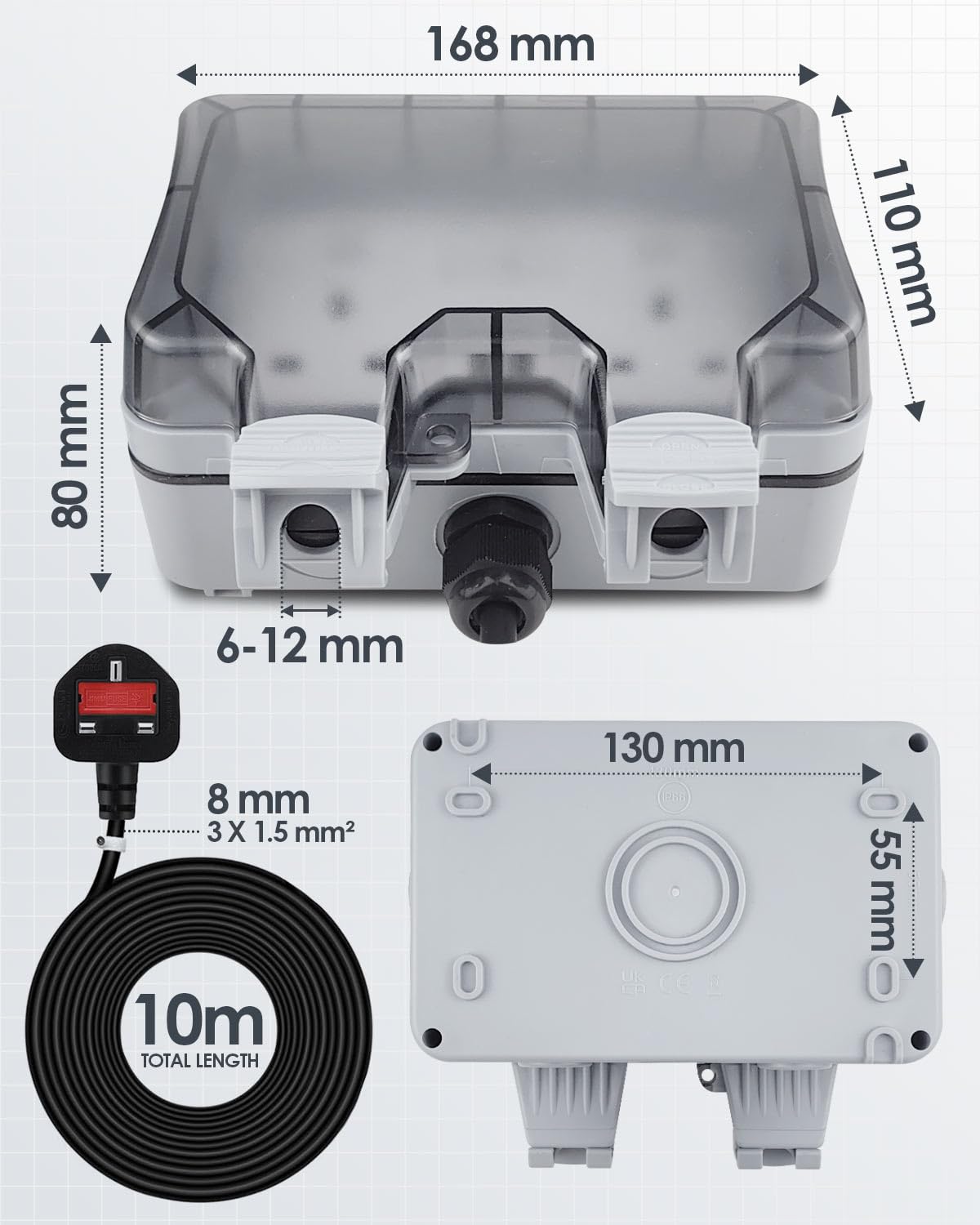Double Outdoor Socket 10M Extension Lead, Outdoor Plug Sockets Waterproof IP66, 13Amp 2 Gang Outside Plug Socket Waterproof, Switch Indicator Light Garden Wall Electrical Outlet Cover Box - Image 5