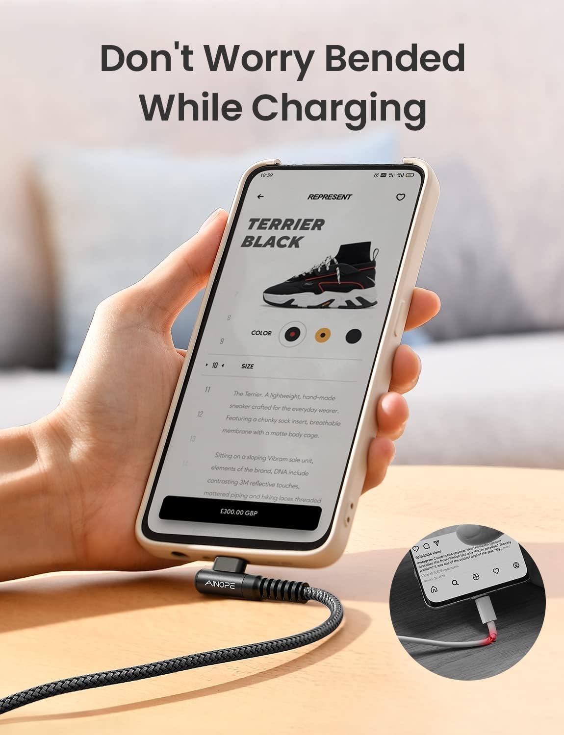 AINOPE USB C Charging Cable (3-Pack, 3.3ft/6.6ft/10ft) 3.1A Fast Charging Right Angle USB Type C Cable, Durable Nylon Braided USB C Cord Compatible Galaxy S21 S20 S10 Plus, Note 20 10 9, LG V20,G6 - Image 7