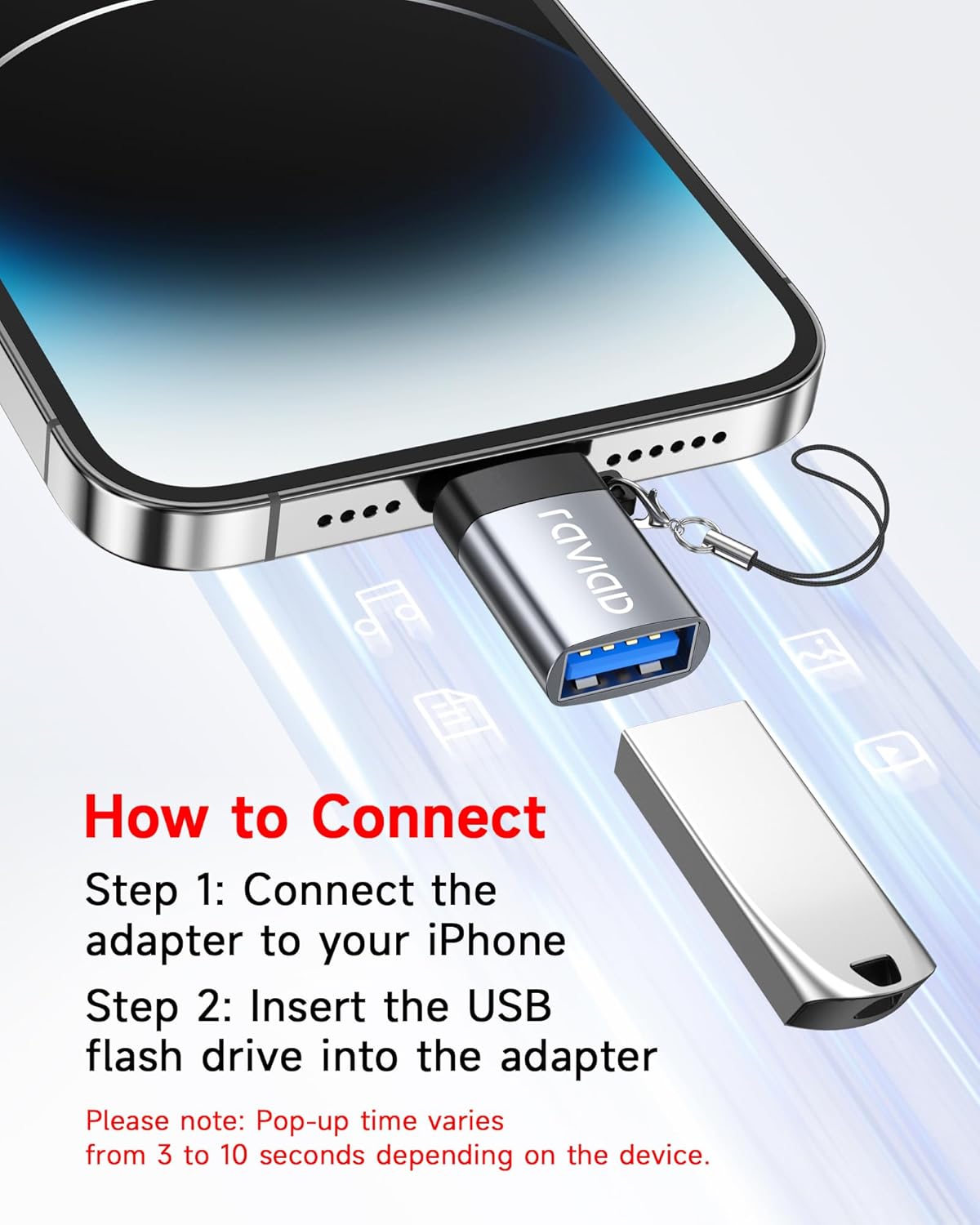 RAVIAD Lightning to USB Adapter 1Pack, Lightning Male to USB3 Female Cable Dongle for iPad/iPhone 14 13 12 11 Pro Max, iPhone OTG Adapter Supports USB Flash Drive, Mouse, Keyboard, Camera - Image 3