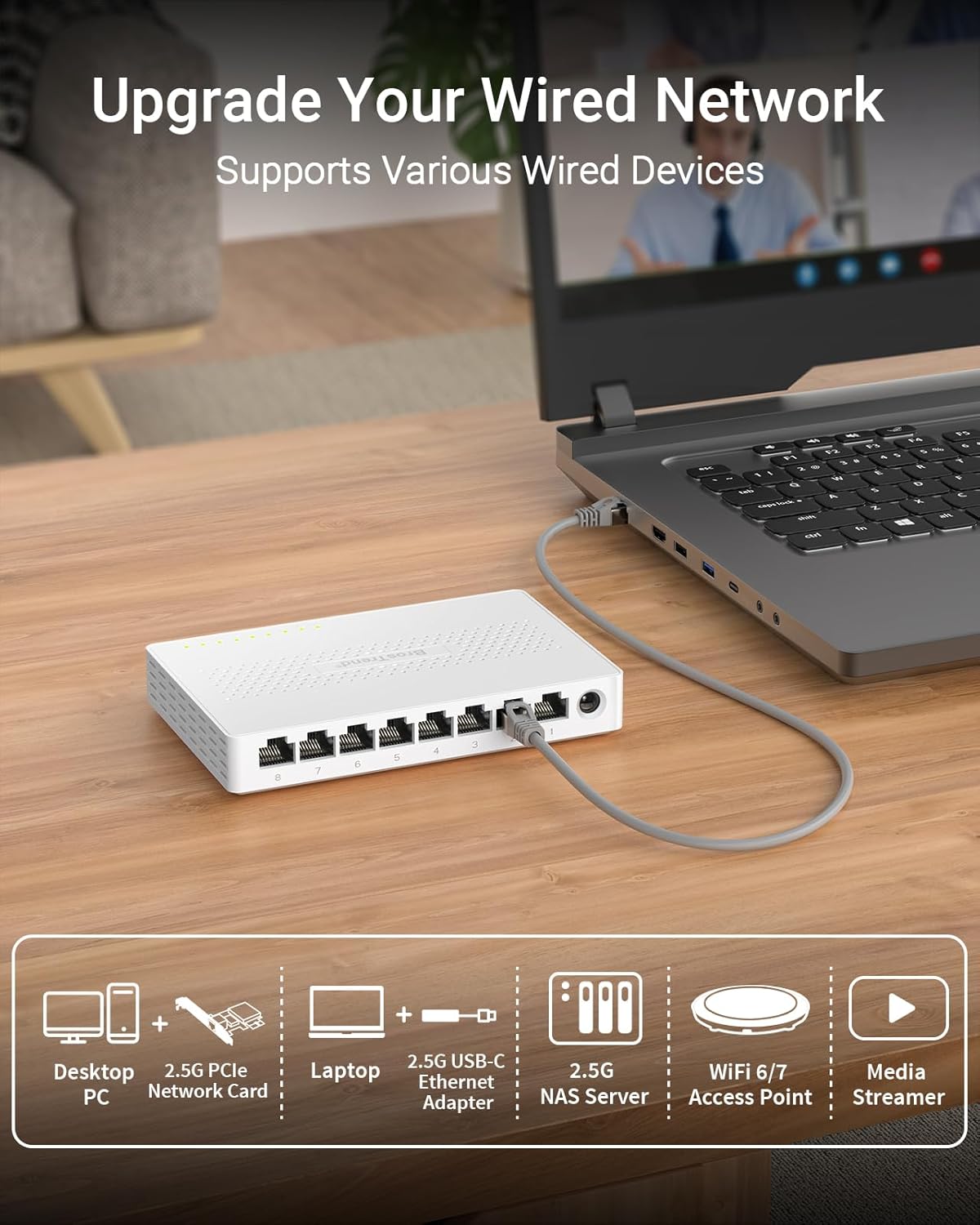BrosTrend 8 Port 2.5Gb Ethernet Switch, Multi-Gigabit Unmanaged Network Switch for Gaming Office Home NAS PC, 2.5G Ethernet Splitter Hub Plug & Play, Fanless, Desktop Wall-Mount, Lifetime Protection - Image 3