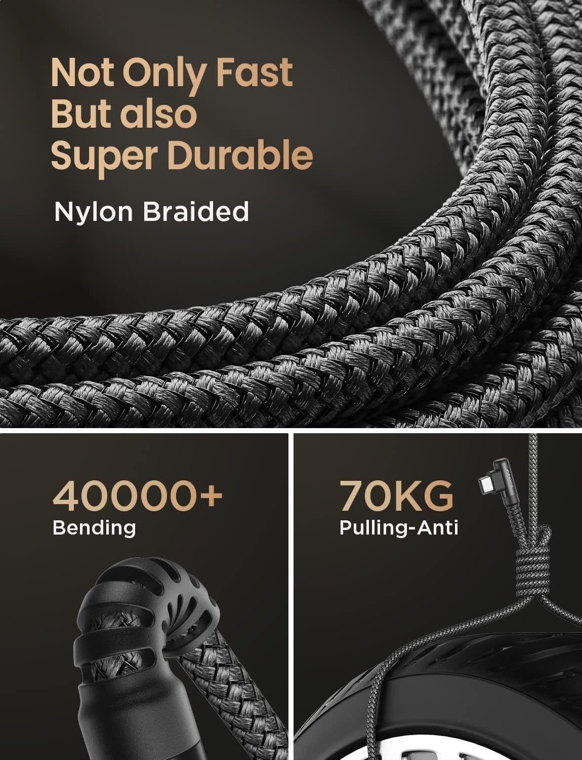 AINOPE USB C Charging Cable (3-Pack, 3.3ft/6.6ft/10ft) 3.1A Fast Charging Right Angle USB Type C Cable, Durable Nylon Braided USB C Cord Compatible Galaxy S21 S20 S10 Plus, Note 20 10 9, LG V20,G6 - Image 5