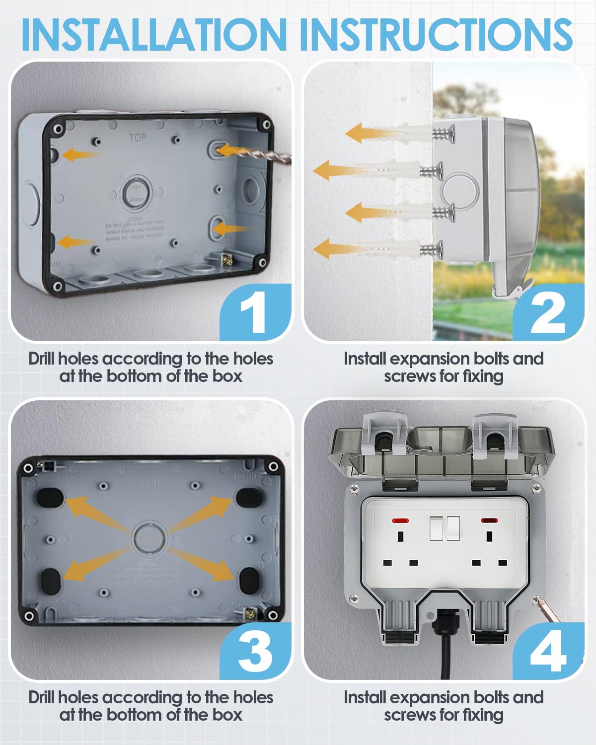 Double Outdoor Socket 10M Extension Lead, Outdoor Plug Sockets Waterproof IP66, 13Amp 2 Gang Outside Plug Socket Waterproof, Switch Indicator Light Garden Wall Electrical Outlet Cover Box - Image 6