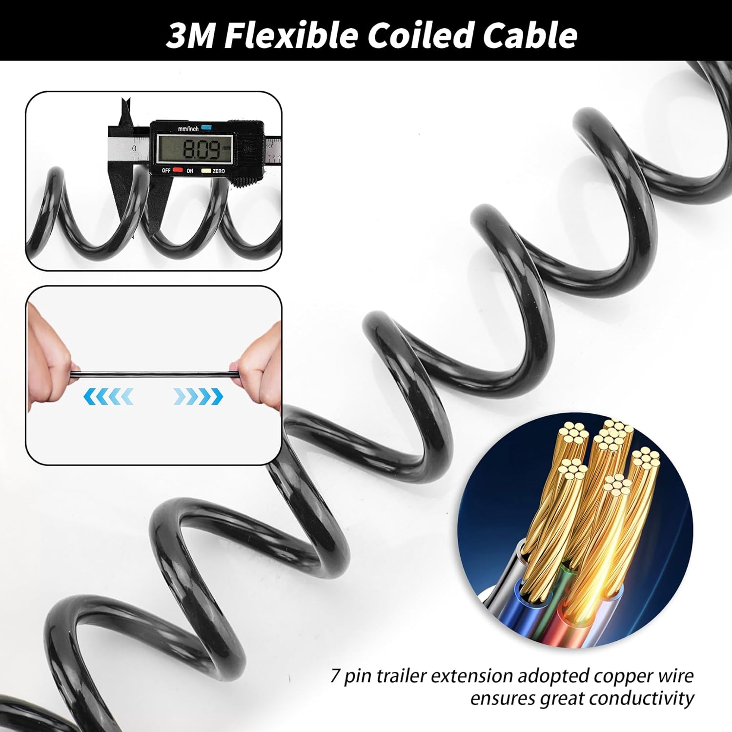 7 Pin Trailer Extension Cable Male to Female 3M, 12V 7 Core Trailer Light Board Extension Cable Lead, 7 Pin Trailer Extension Coiled Cable for Towing Car Caravan Truck - Image 4