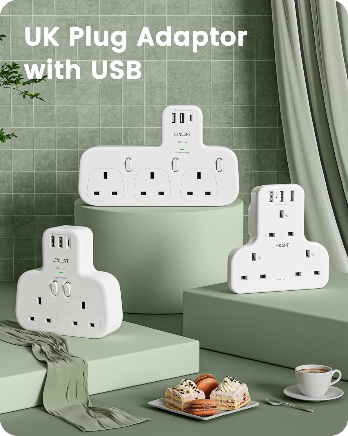LENCENT Double Plug Adaptor with 1 USB C and 2 USB Ports, Surge Protected Multi Plug Extension Socket, 2 Way Wall Plug Extender for Household Appliances, iPhone, Smartphones, Tablets, 13A 3250W - Image 6