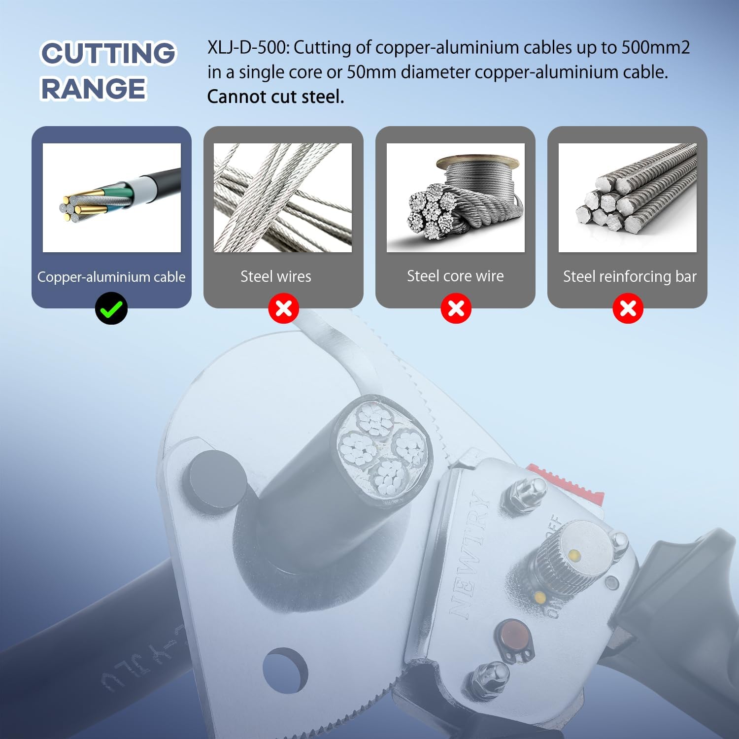 NEWTRY Heavy Duty Ratchet Cable Cutter Tool for Cutting Copper and Aluminum Wires up to 500mm², Stainless Steel with Retractable Handle, XLJ-D-500 - Image 5