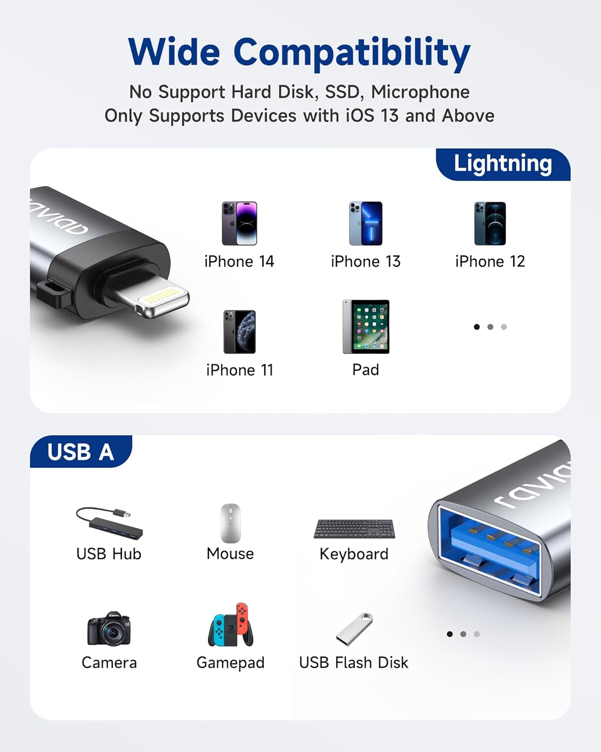 RAVIAD Lightning to USB Adapter 1Pack, Lightning Male to USB3 Female Cable Dongle for iPad/iPhone 14 13 12 11 Pro Max, iPhone OTG Adapter Supports USB Flash Drive, Mouse, Keyboard, Camera - Image 7