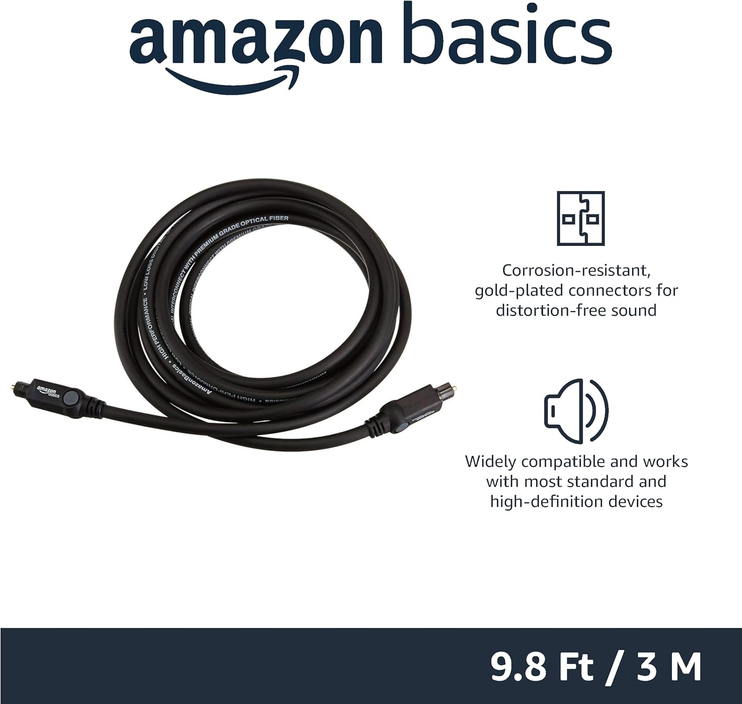 Amazon Basics Toslink Digital Optical Audio Cable, Multi-Channel, for Audio System, Sound Bar, Home Theatre, Gold-Plated Connectors, 3 m, Black - Image 2