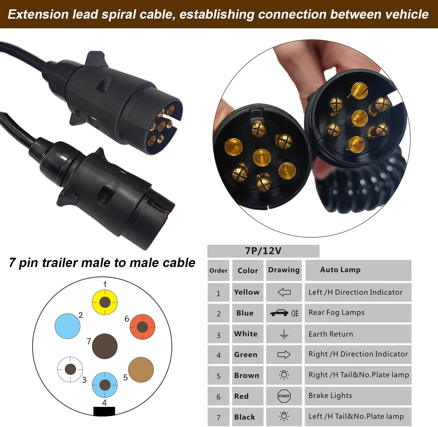 7 Pin Trailer Extension Cable Male To Male 12V Trailer Spiral Extension Lead 3.0m 7 Pin to 7 Pin Trailer Extension Cable Lead With Two Trailer Male Plug for Car RV Caravan Trailer - Image 3