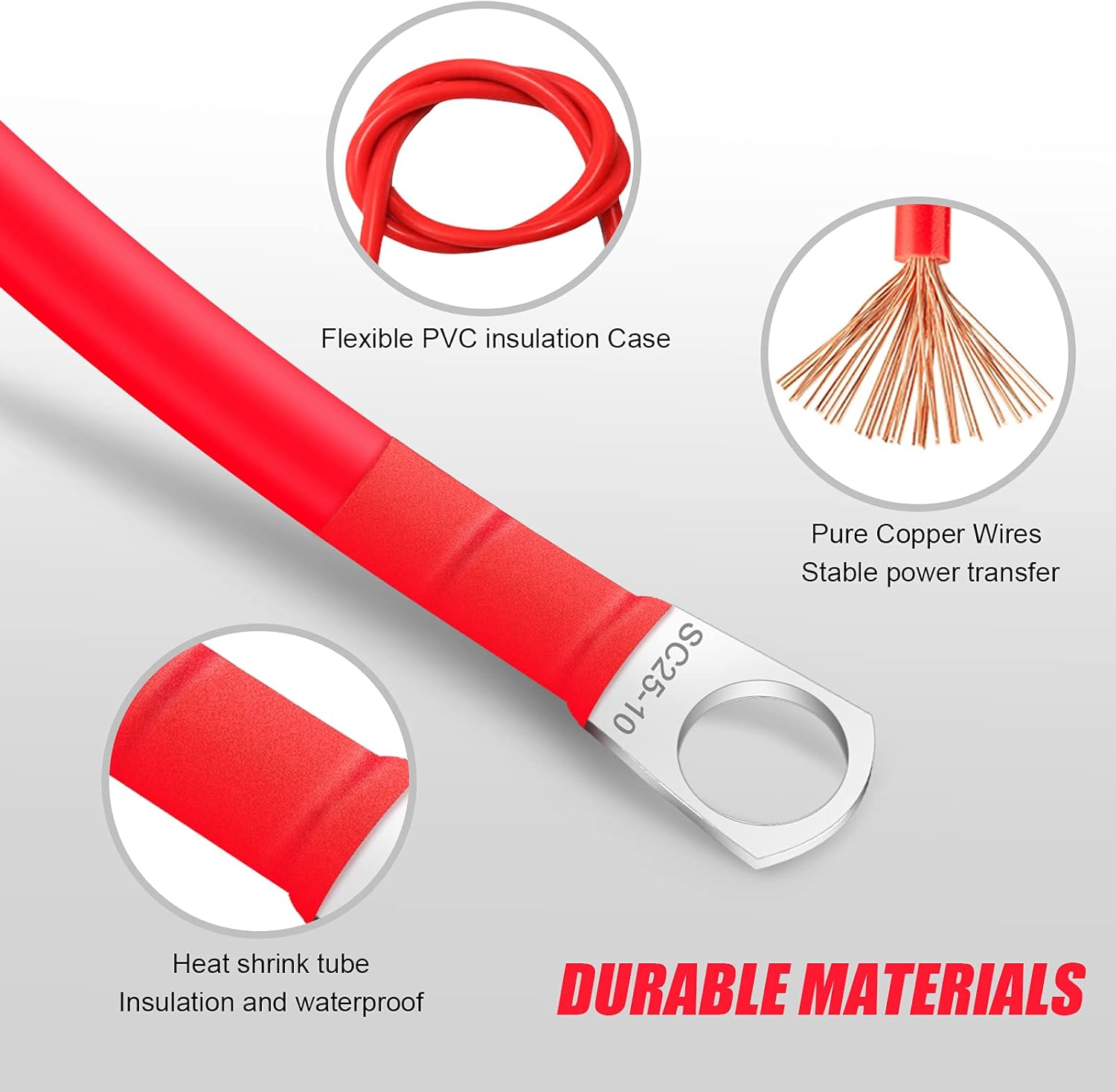 2Pcs 30cm Battery Inverter Cable 5AWG/16mm² 12v Battery Cable Red and Black Auto Battery Leads with SC16-10 Ring Terminals Copper Flexible Wire for Motorcycle, Solar RV & Marine - Image 2