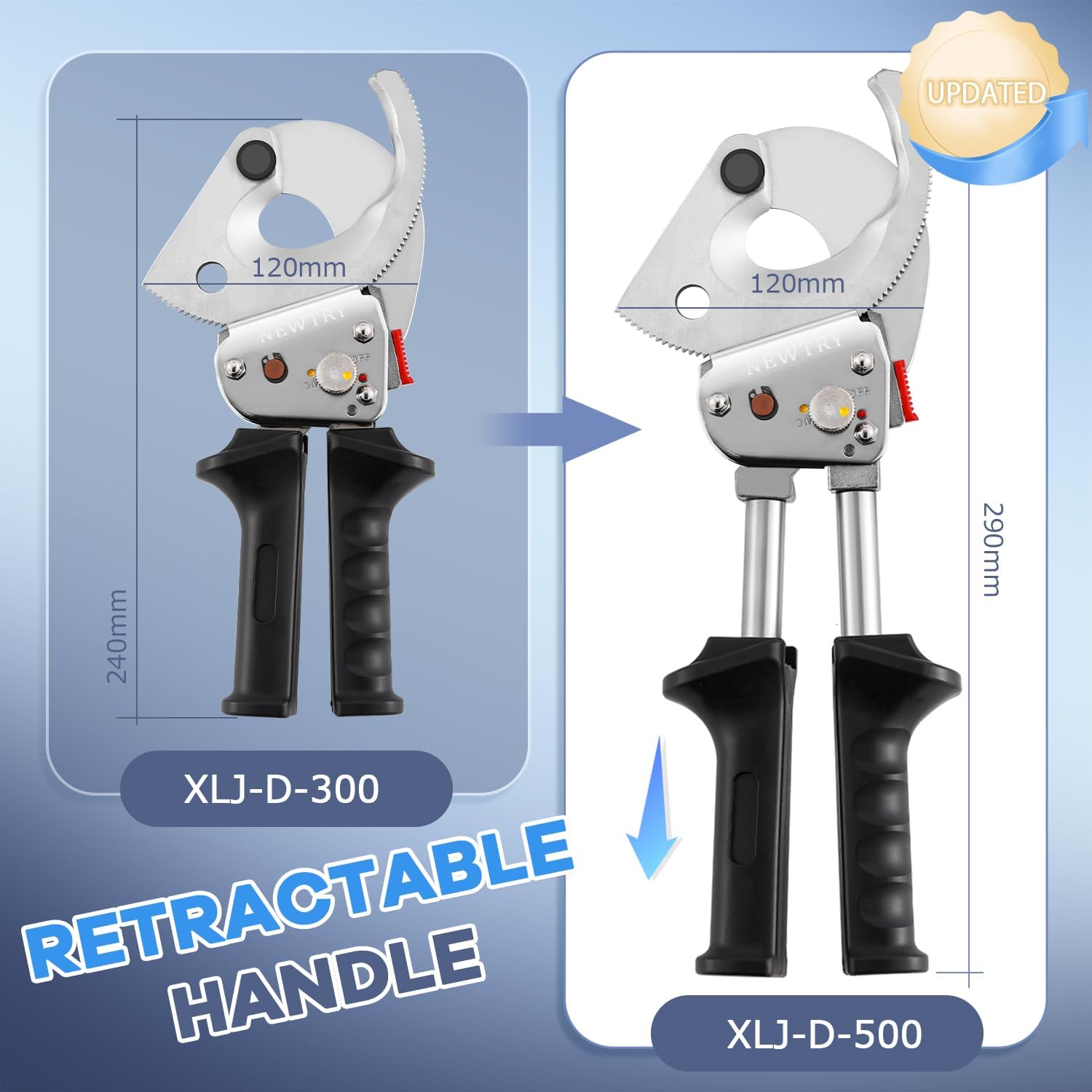NEWTRY Heavy Duty Ratchet Cable Cutter Tool for Cutting Copper and Aluminum Wires up to 500mm², Stainless Steel with Retractable Handle, XLJ-D-500 - Image 2