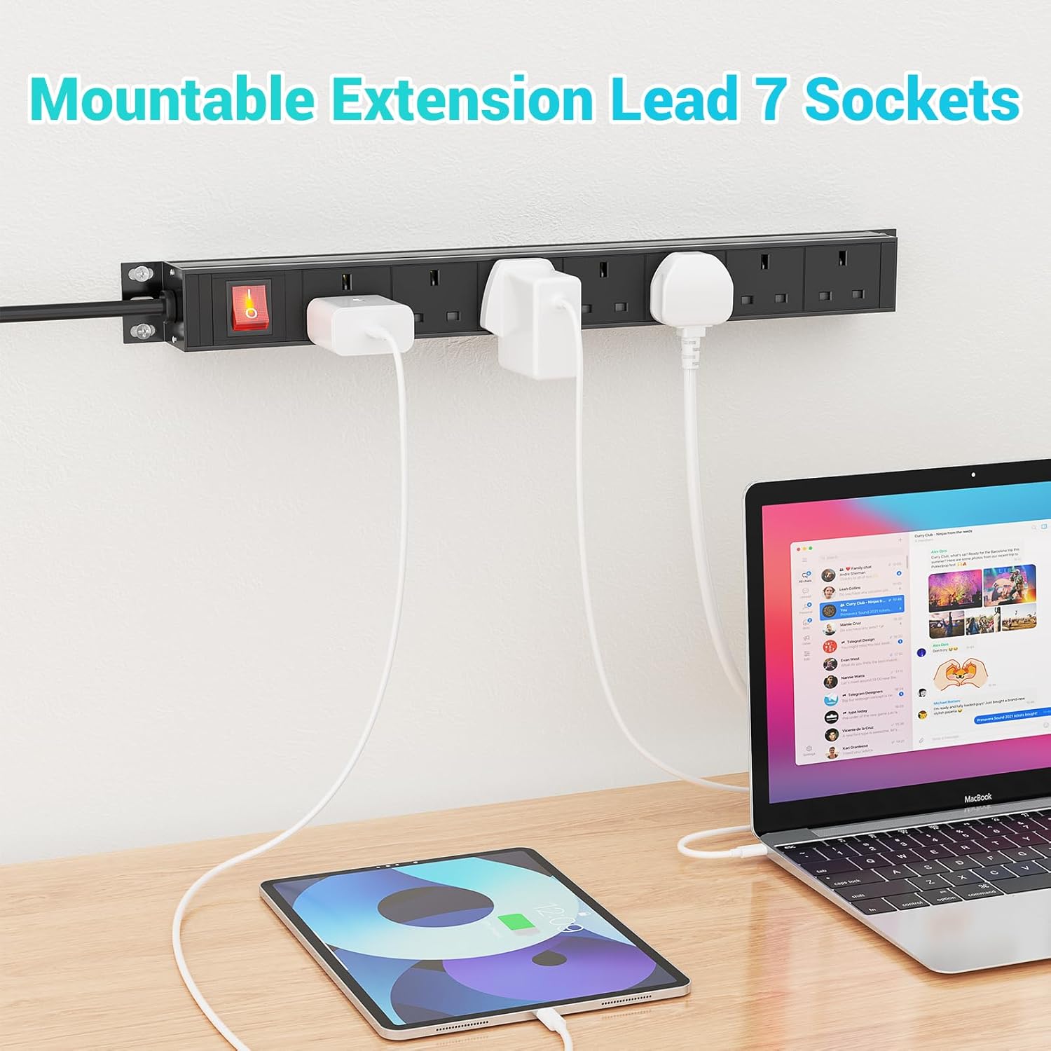 7 Way Extension Lead Power Strip with Surge Protection, 19 inch Rack Mount Power Strip, Wall Mount Power Socket with Metal Housing, 1,8M Cable - Image 2