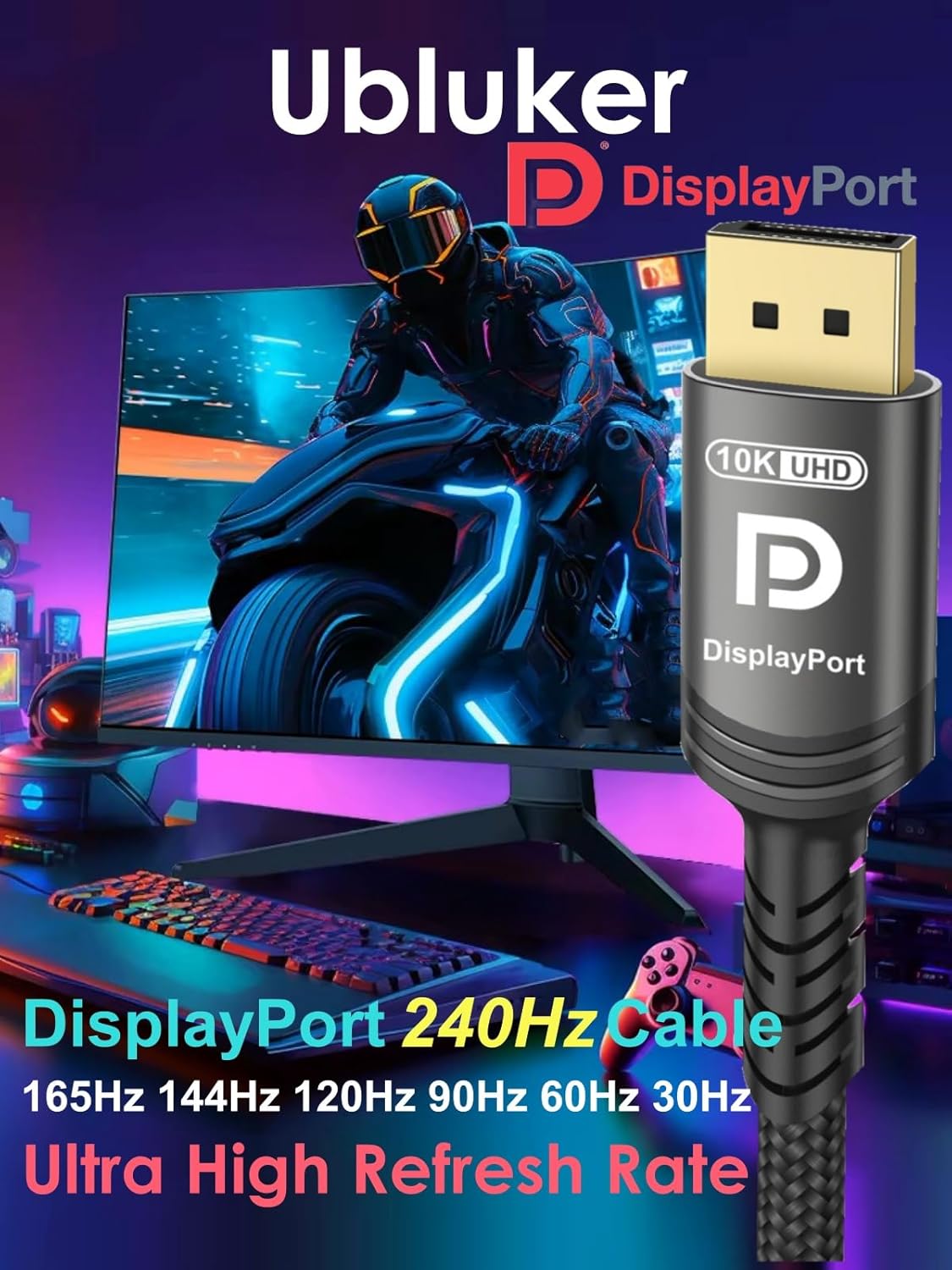 10K 8K DisplayPort 2.1 Cable 54Gbps 2M, Certified DP to DP Cord 4K 240Hz 165Hz 144Hz 120Hz 10K 8K 120Hz Nylon Braided UHBR HDCP2.3 FreeSync G-Sync RTX5090 Gaming Monitor PC Projector - Image 5
