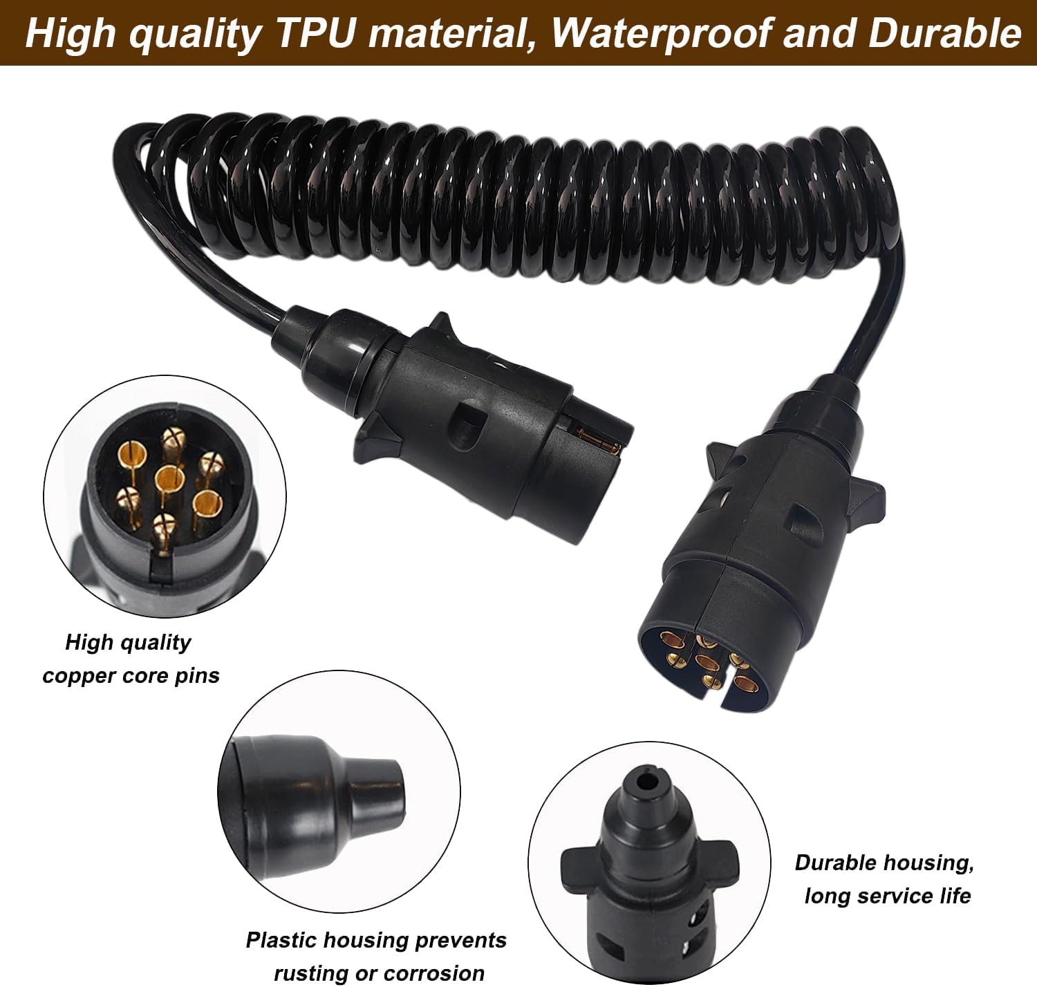 7 Pin Trailer Extension Cable Male To Male 12V Trailer Spiral Extension Lead 3.0m 7 Pin to 7 Pin Trailer Extension Cable Lead With Two Trailer Male Plug for Car RV Caravan Trailer - Image 4