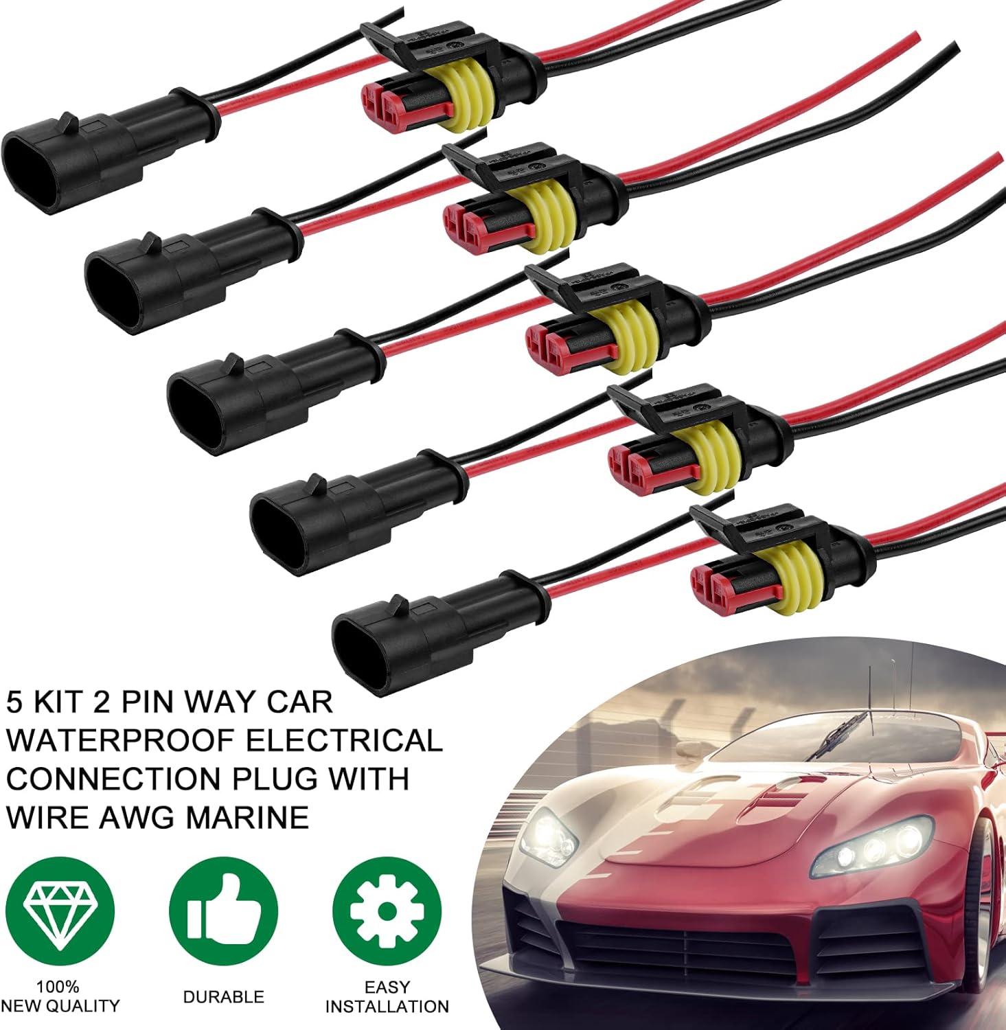 URAQT Car Waterproof Electrical Connector, 5 Pcs 2 Pin Car Wire Connector, Waterproof Connector with 16 AWG Wire and 20 Solder Terminals, For Car, Truck, Boat and Other Wire Connections - Image 5