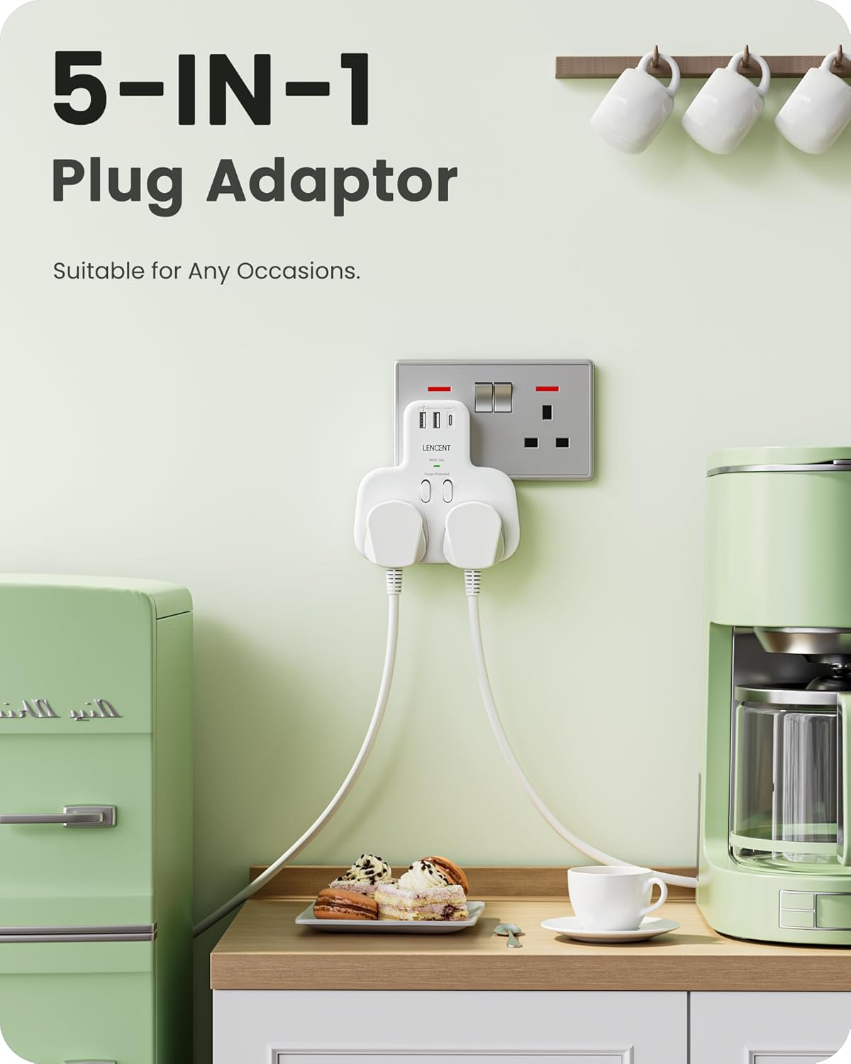 LENCENT Double Plug Adaptor with 1 USB C and 2 USB Ports, Surge Protected Multi Plug Extension Socket, 2 Way Wall Plug Extender for Household Appliances, iPhone, Smartphones, Tablets, 13A 3250W - Image 3
