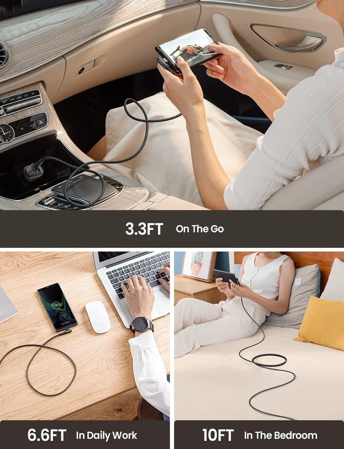 AINOPE USB C Charging Cable (3-Pack, 3.3ft/6.6ft/10ft) 3.1A Fast Charging Right Angle USB Type C Cable, Durable Nylon Braided USB C Cord Compatible Galaxy S21 S20 S10 Plus, Note 20 10 9, LG V20,G6 - Image 6