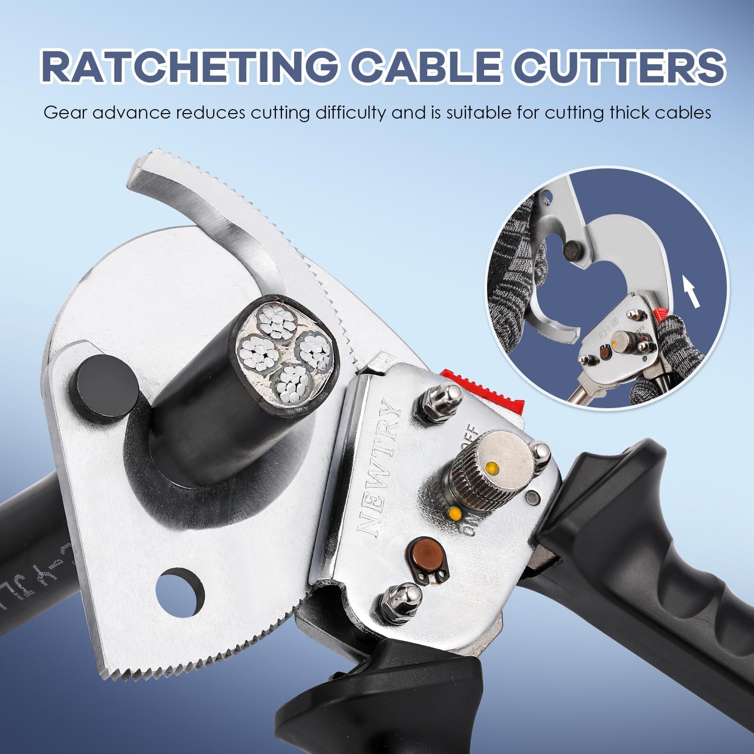 NEWTRY Heavy Duty Ratchet Cable Cutter Tool for Cutting Copper and Aluminum Wires up to 500mm², Stainless Steel with Retractable Handle, XLJ-D-500 - Image 3
