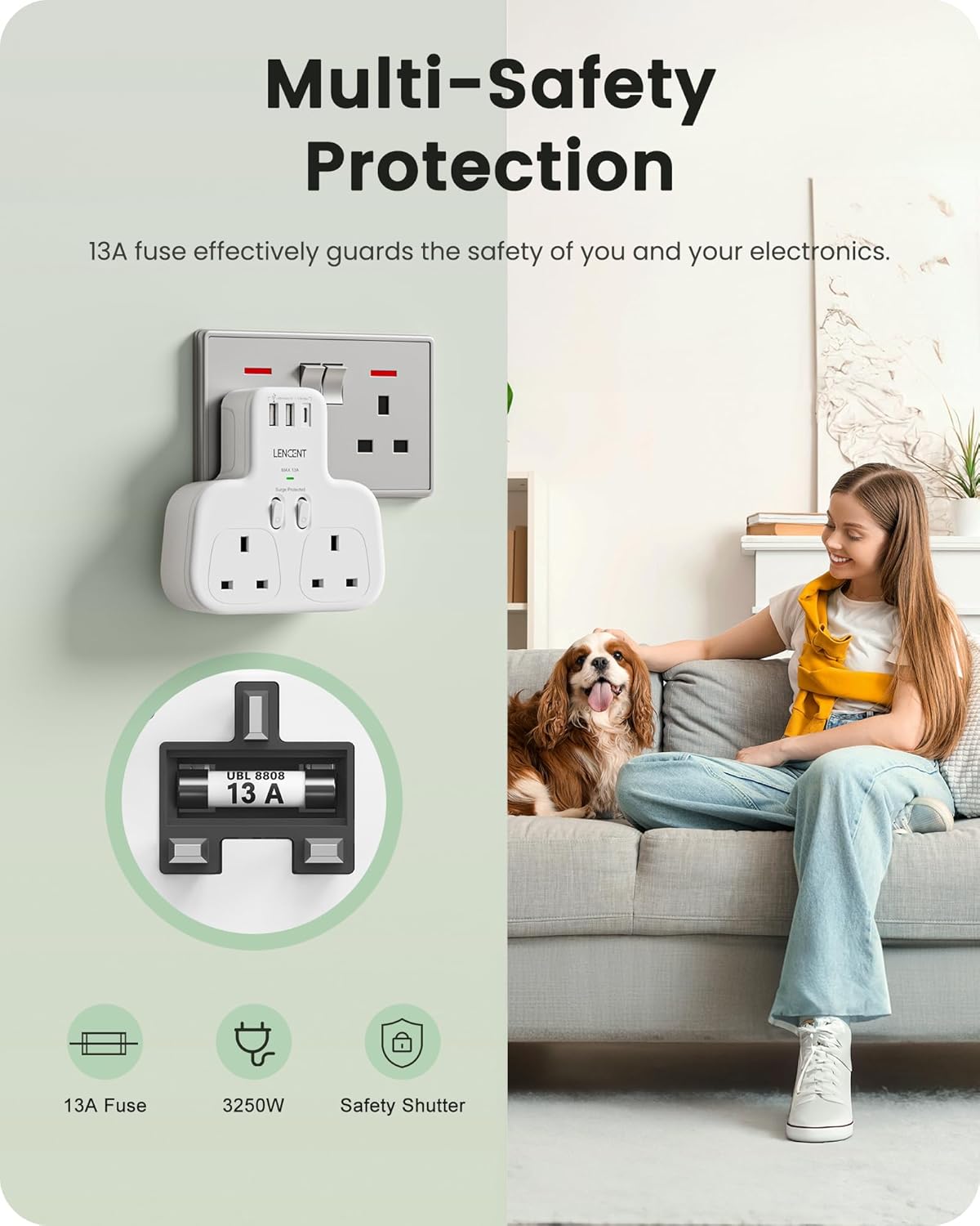 LENCENT Double Plug Adaptor with 1 USB C and 2 USB Ports, Surge Protected Multi Plug Extension Socket, 2 Way Wall Plug Extender for Household Appliances, iPhone, Smartphones, Tablets, 13A 3250W - Image 8