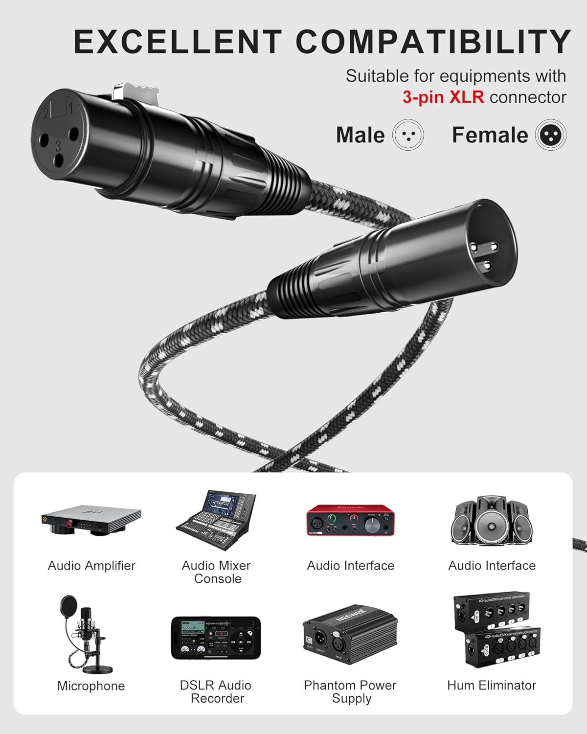 XLR Cables 0.3m / 1ft 2 Pack, Nylon Braided XLR Microphone Cable Male to Female, Oxygen-Free Copper (OFC),Balanced 3-Pin, Short Audio Mic Lead for Studio, Speaker, Recording,Mixer, PA - Image 8