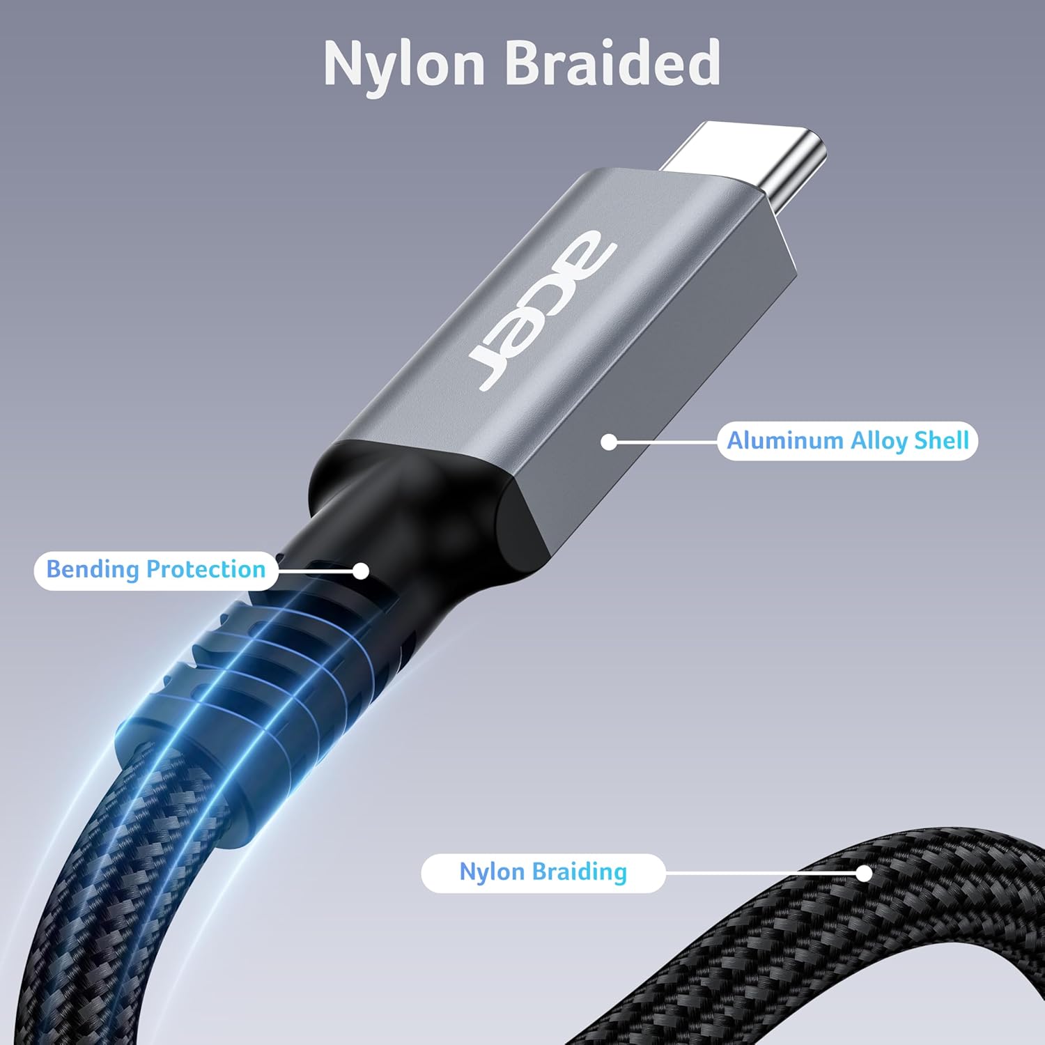 acer USB-C USB 4 Cable 1M, Braided 8K/4K Video Display Cable, 240W Fast Charging Lead, USBC High Speed 40Gbps Transfer Cord, Thunderbolt 4/3, TB4 Compatible | Laptop, MacBook, External SSD, Monitor - Image 6