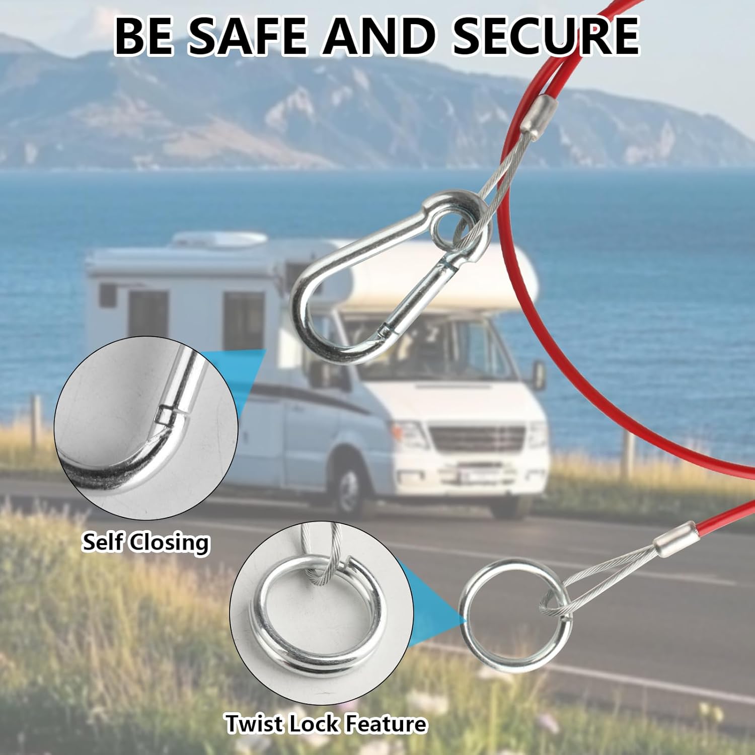 2 PCS Caravan Trailer Breakaway Cable, Trailer Break Away Cable with Carabiner & Burst Rings, Heavy Duty Coupling Towing Safety Cables for Williams Clevis Breakaway Caravan Awning Accessories - Image 4