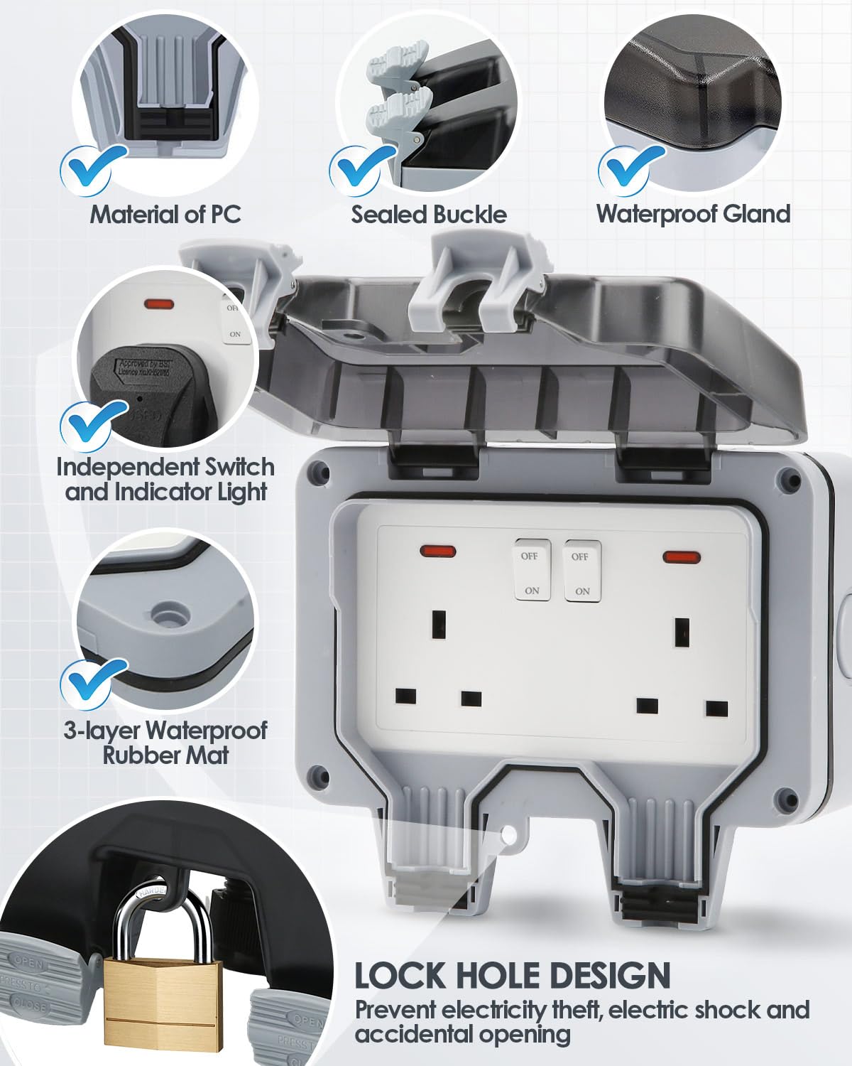 Double Outdoor Socket 10M Extension Lead, Outdoor Plug Sockets Waterproof IP66, 13Amp 2 Gang Outside Plug Socket Waterproof, Switch Indicator Light Garden Wall Electrical Outlet Cover Box - Image 3