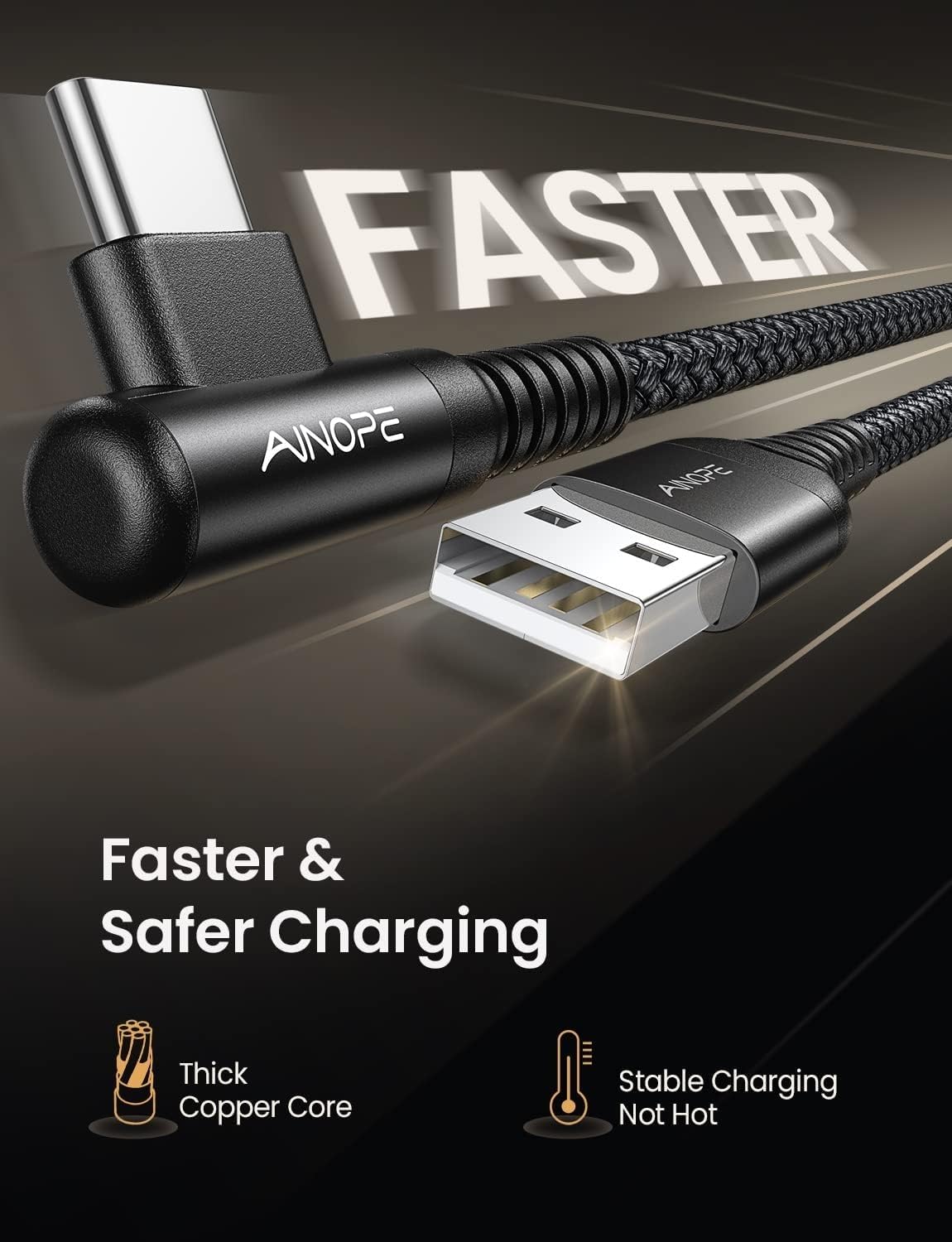 AINOPE USB C Charging Cable (3-Pack, 3.3ft/6.6ft/10ft) 3.1A Fast Charging Right Angle USB Type C Cable, Durable Nylon Braided USB C Cord Compatible Galaxy S21 S20 S10 Plus, Note 20 10 9, LG V20,G6 - Image 2